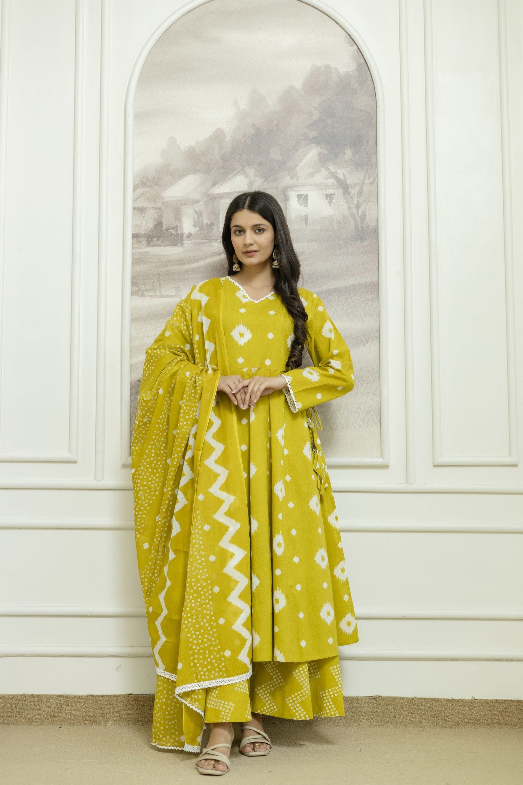 Yellow ethnic A-Line Dress with Geometric Patterns and Flared Sleeves