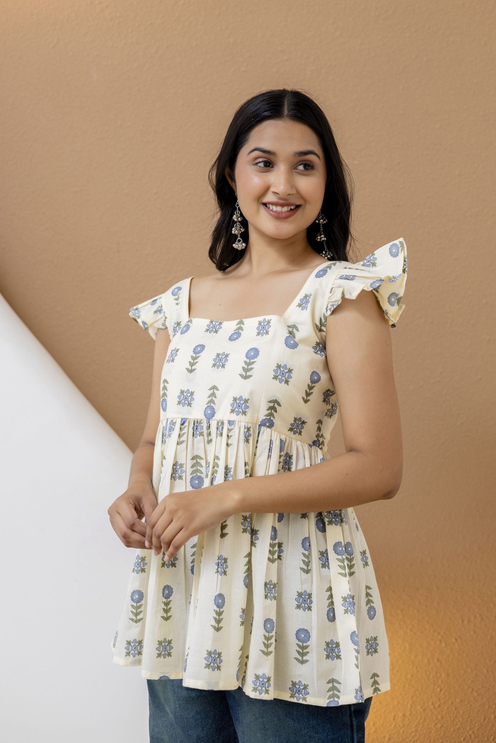 Mohini Cream Cotton Floral Short Kurti with Ruffled Sleeves & Square Neck by Vaaki