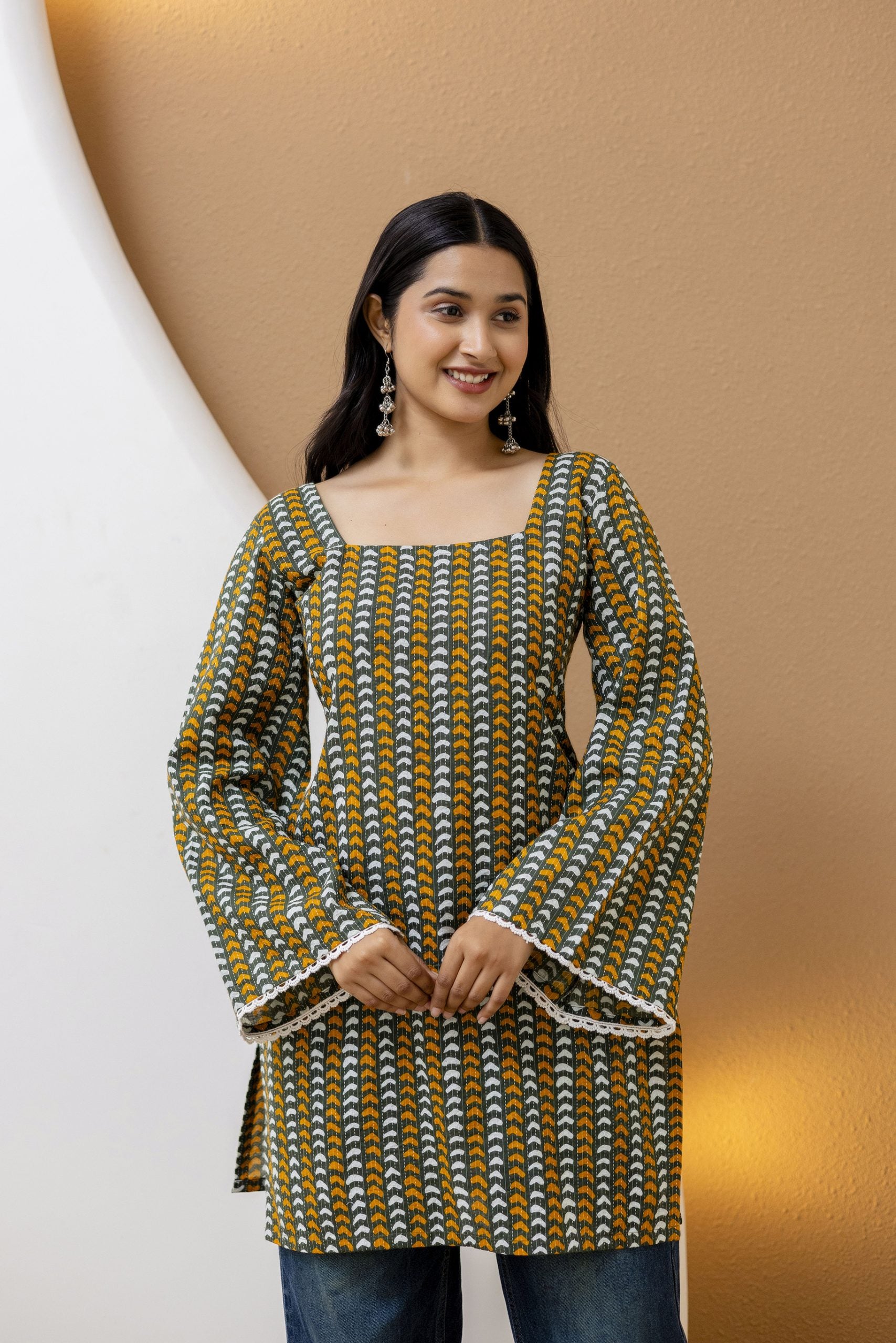 "Mohini Green Cotton Kurti with Pom-Pom Back"