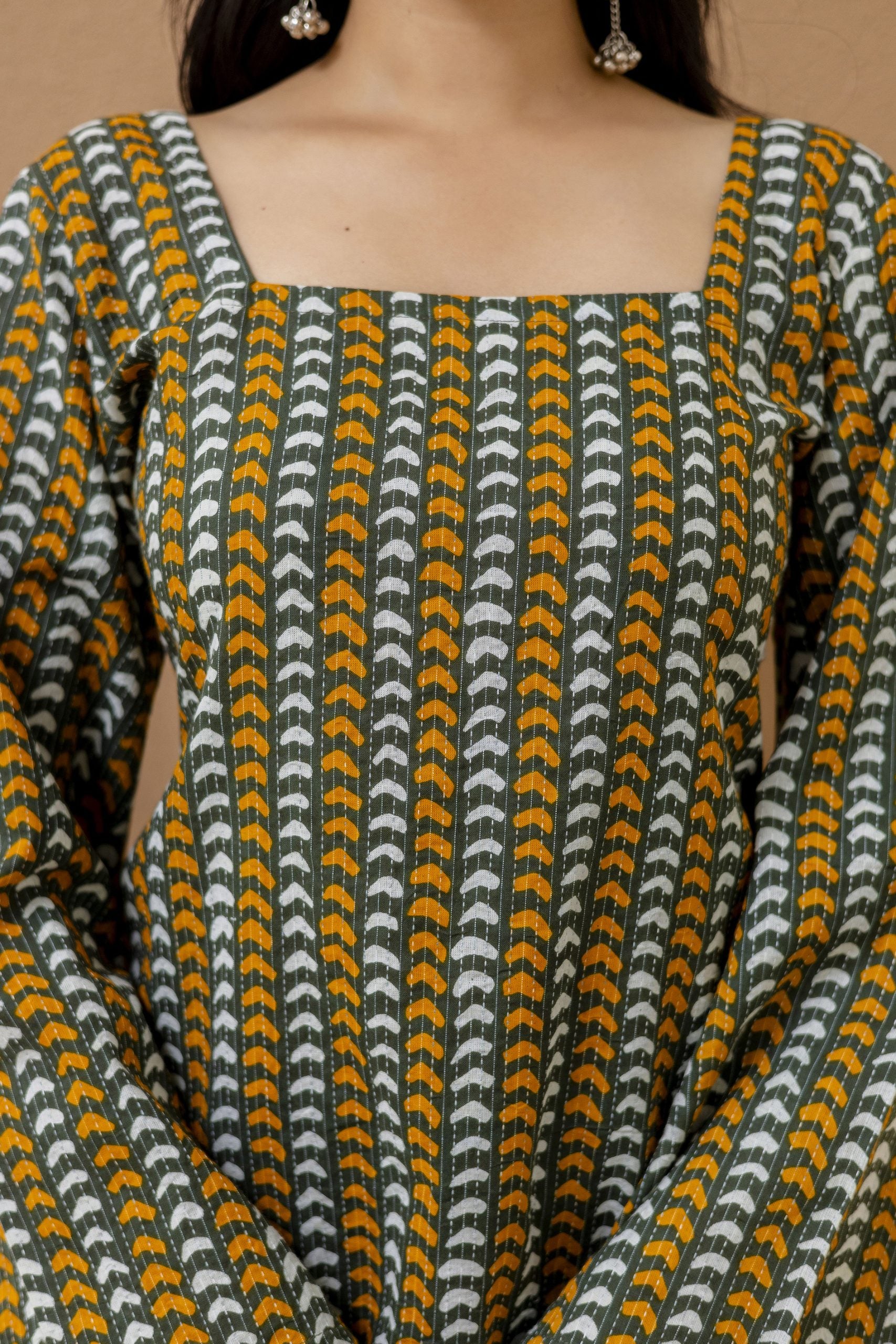 Reva Green Block Printed Cotton Kurti with Pom-Pom Back Detail & Square Neck by Vaaki