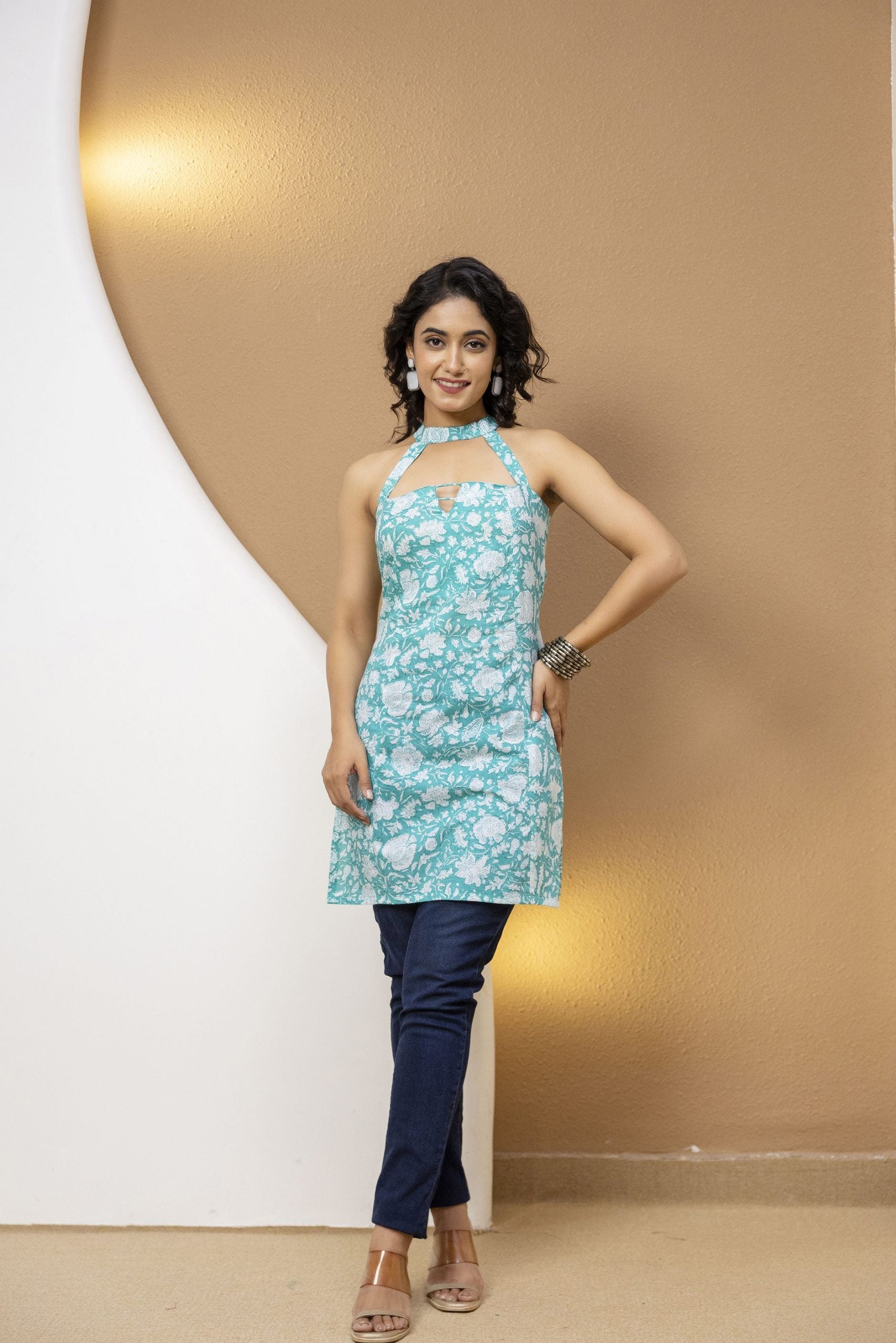Mohini Turquoise Floral Corset Kurti with Halter Neck Straps & Strappy Open-Back by Vaaki