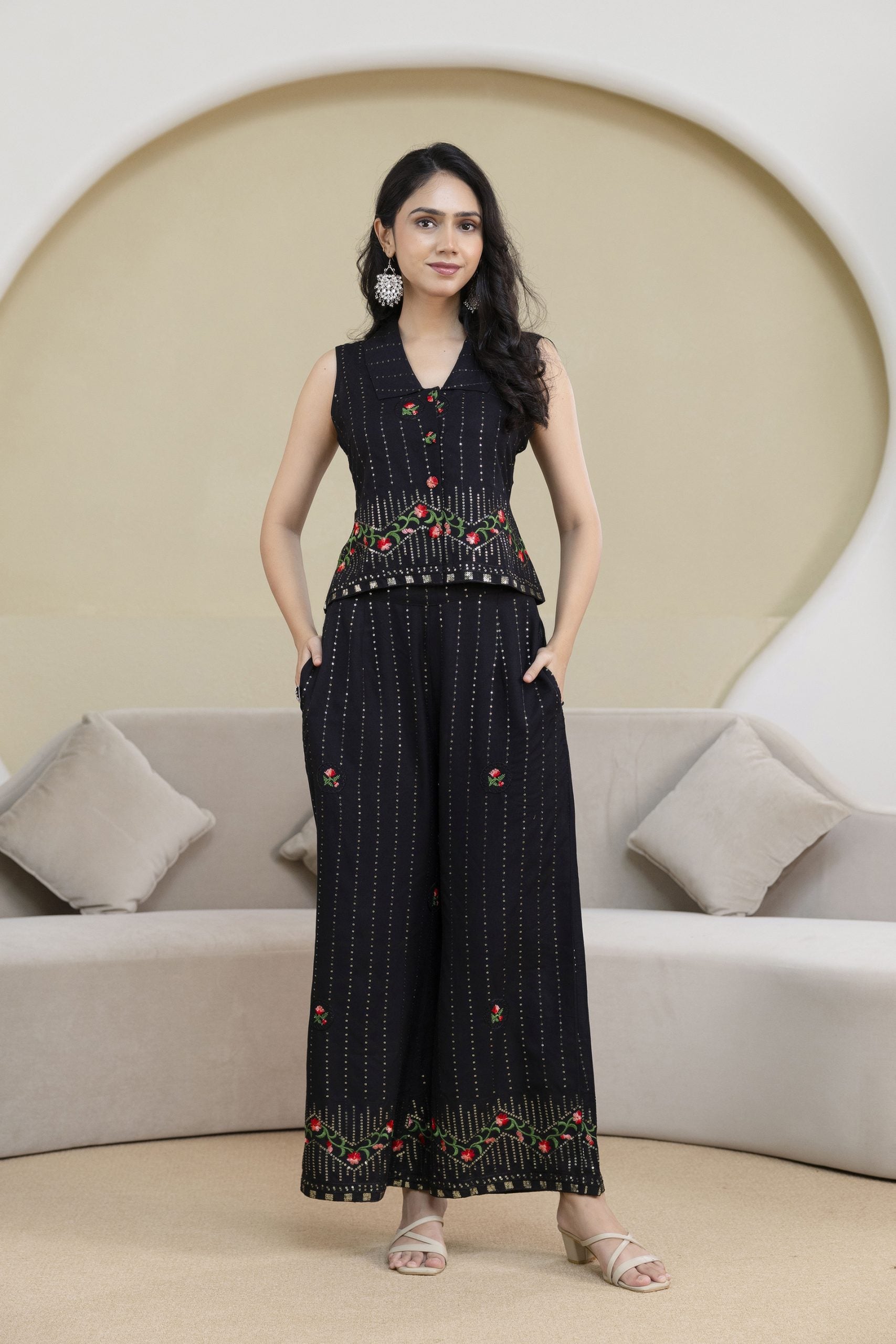 Black Floral Rayon Embroidered Set By Vaaki