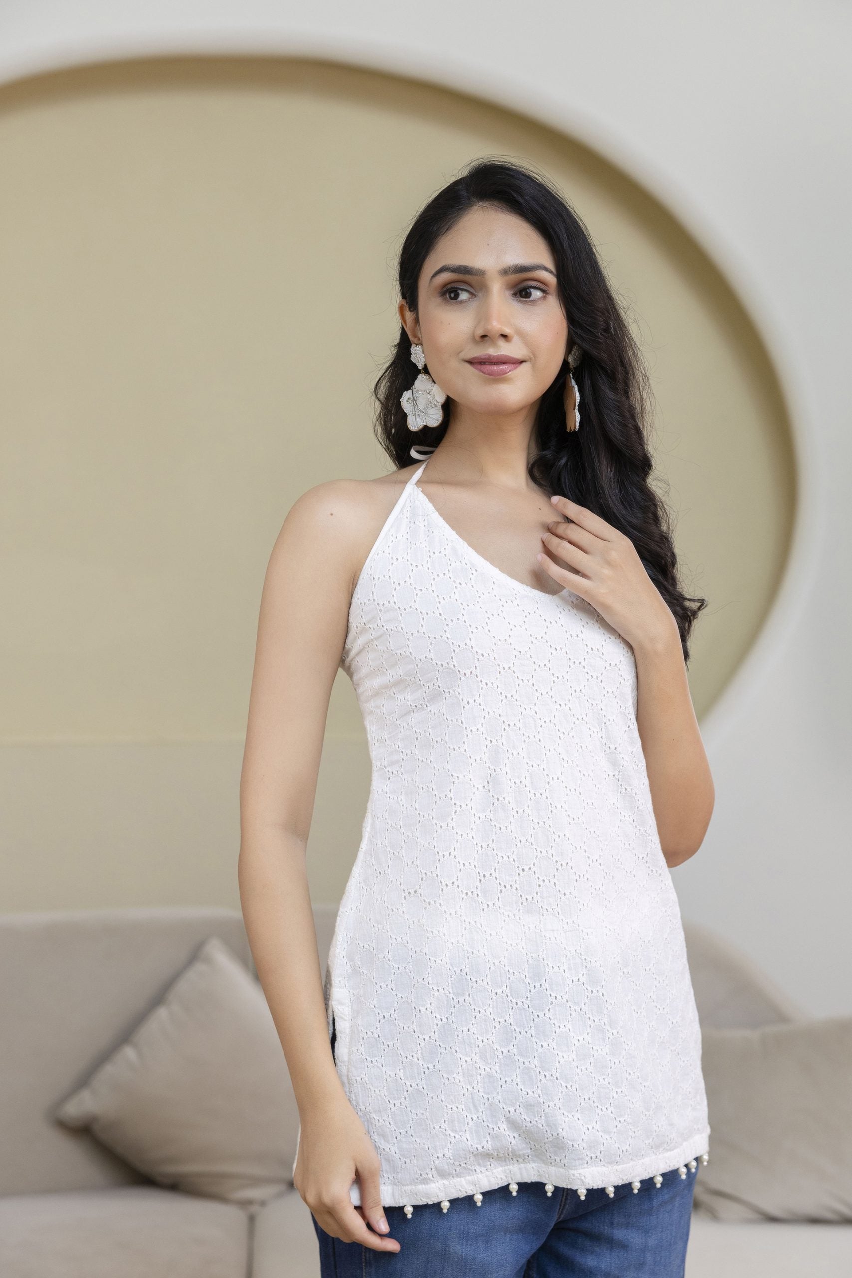 "Mohini White Chikankari Halter Neck Corset Kurti"