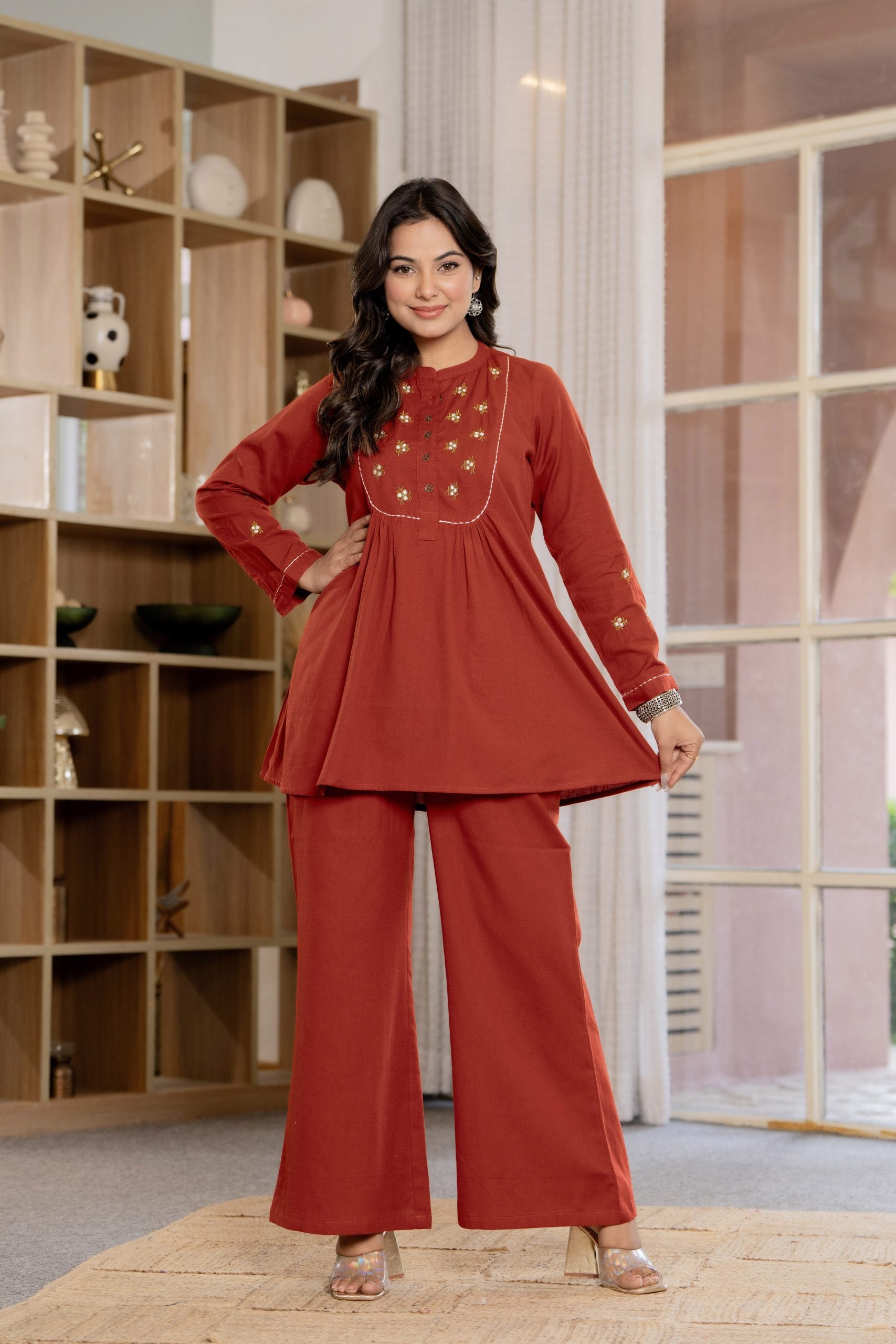 Vaaki’s Terracotta Red Floral Embroidery Co-ord Set