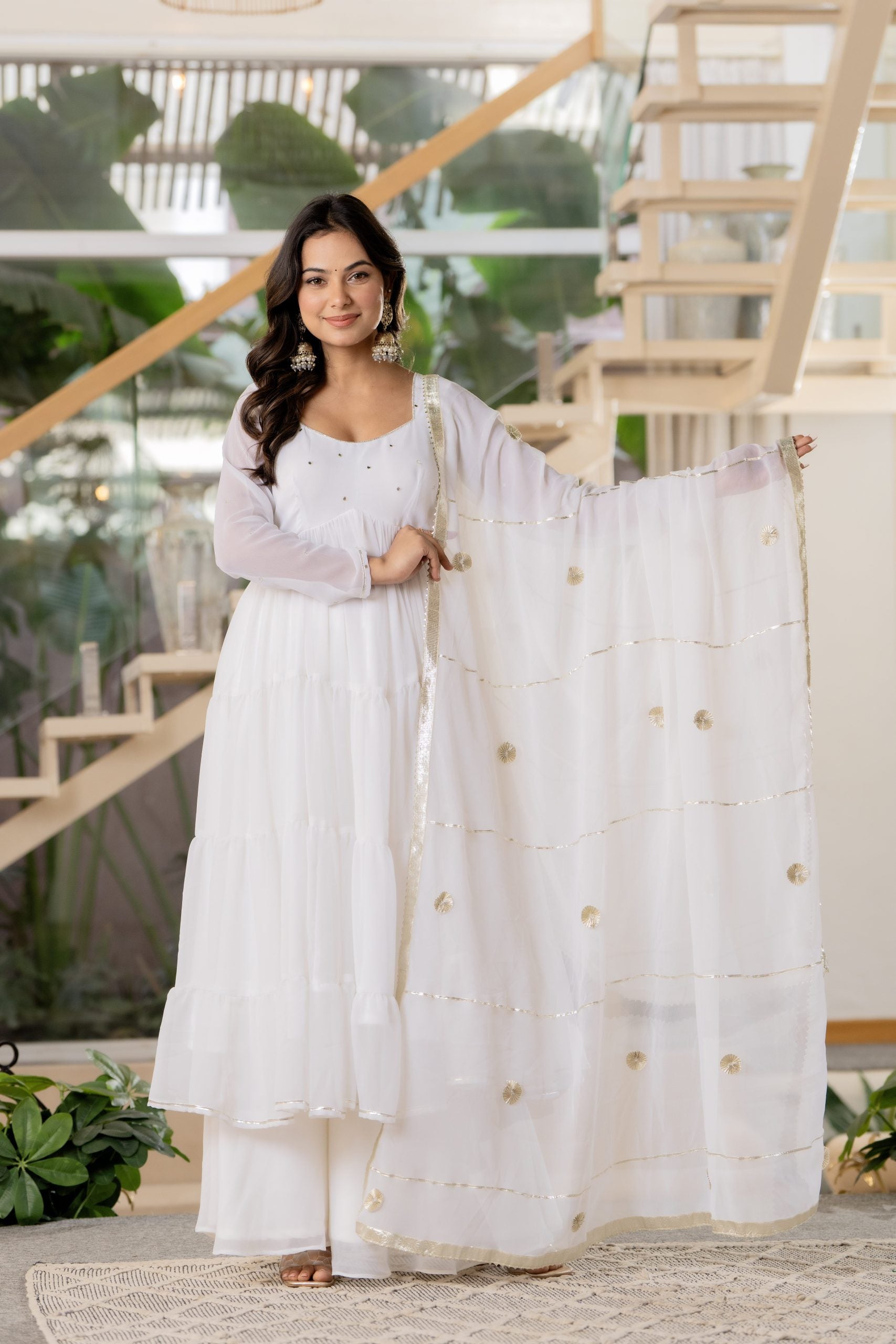 Vaaki White Embroidered Anarkali Dress with Dupatta – Elegant Ethnic Wear