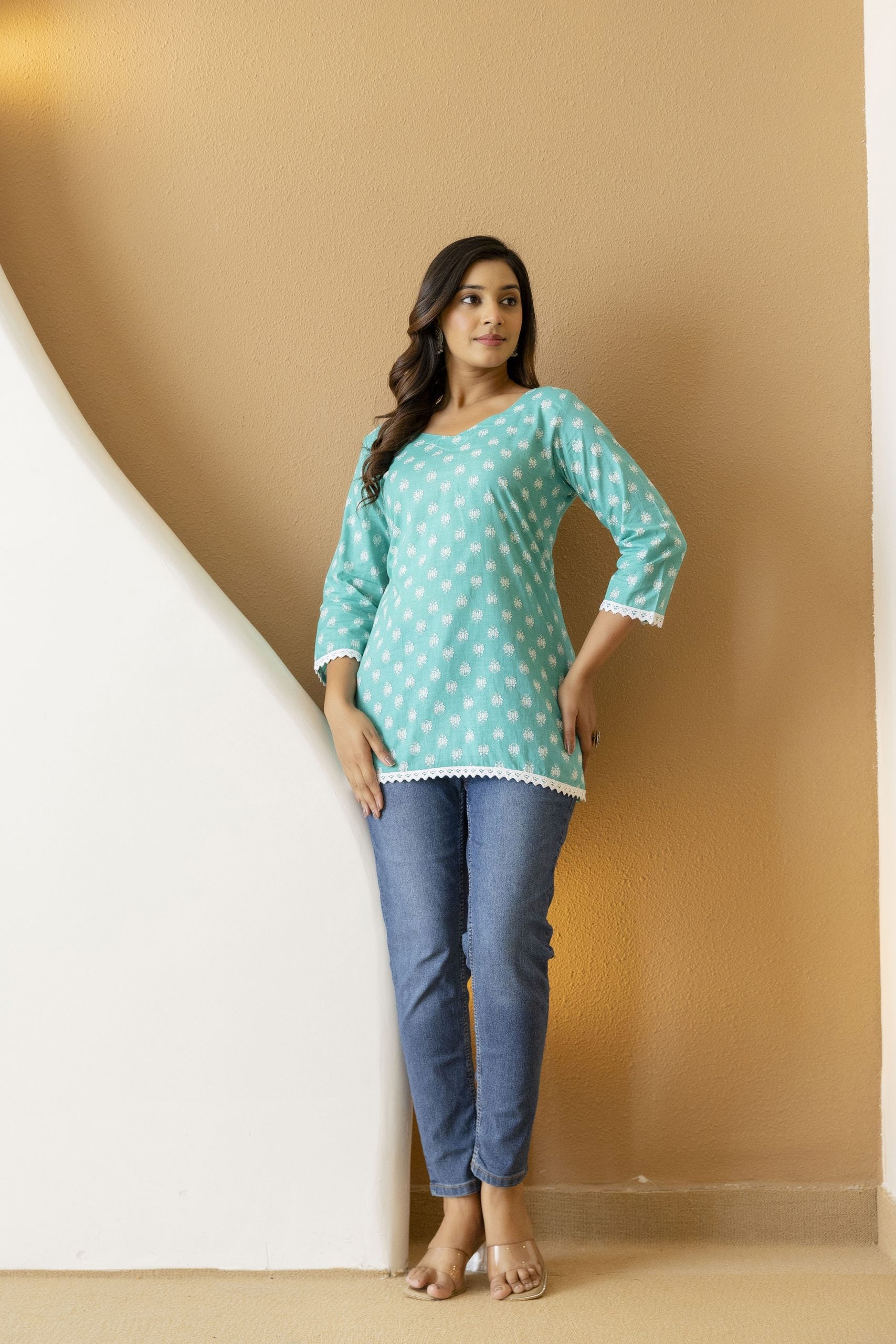 Mohini Teal Floral Lace-Trimmed Short Straight Kurti for Women by Vaaki