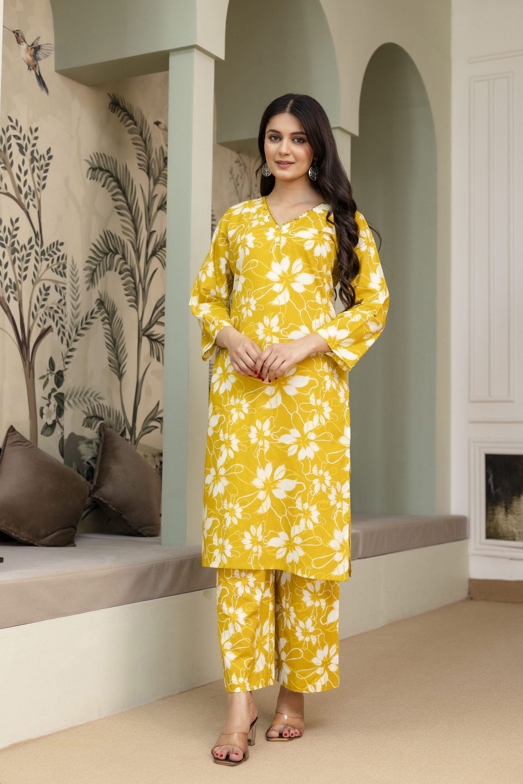 Vaaki's yellow floral co-ord set with golden hand work