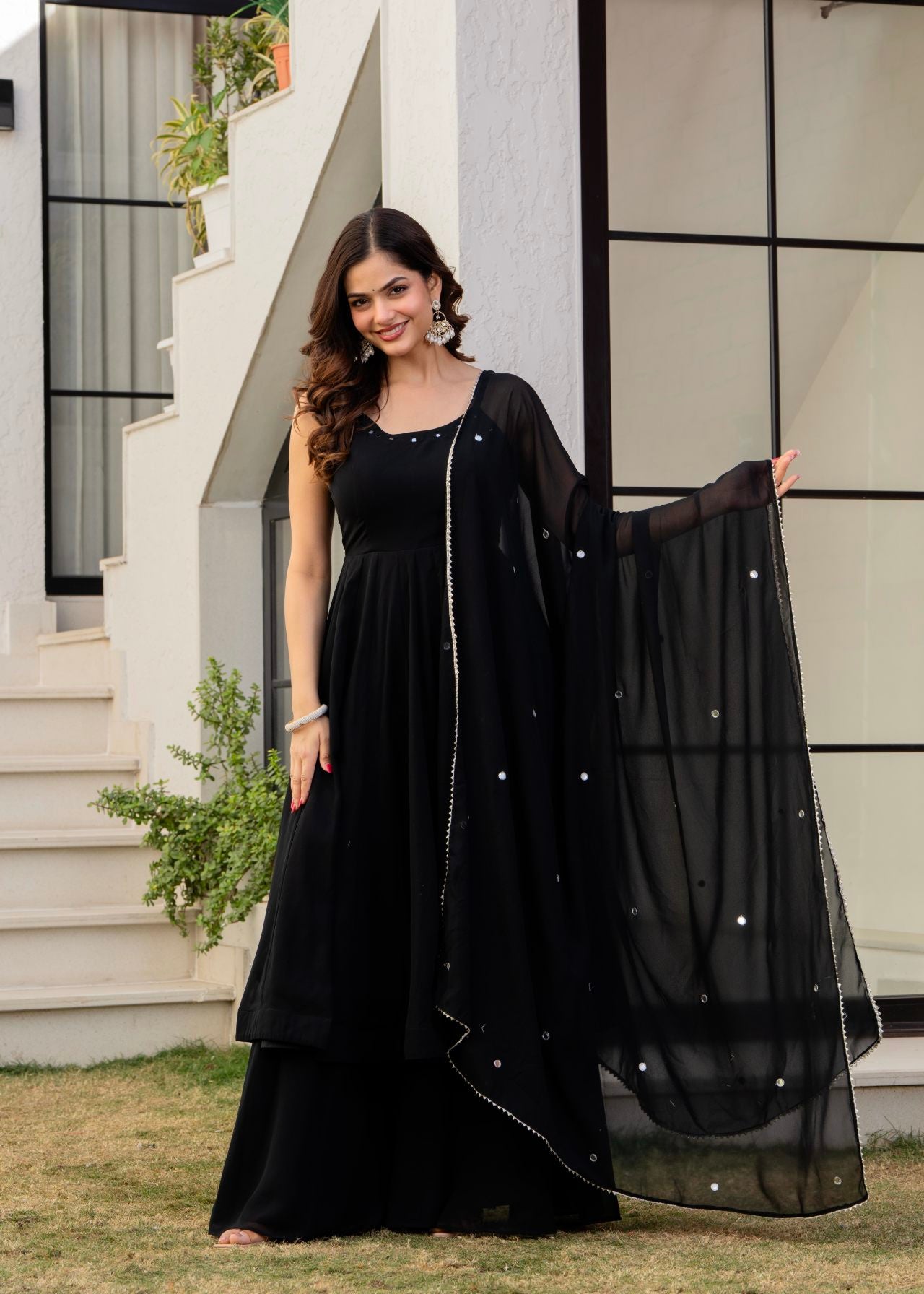 Festive Ethnic Wear Black Georgette Anarkali Palazzo Set with Dupatta Online in India