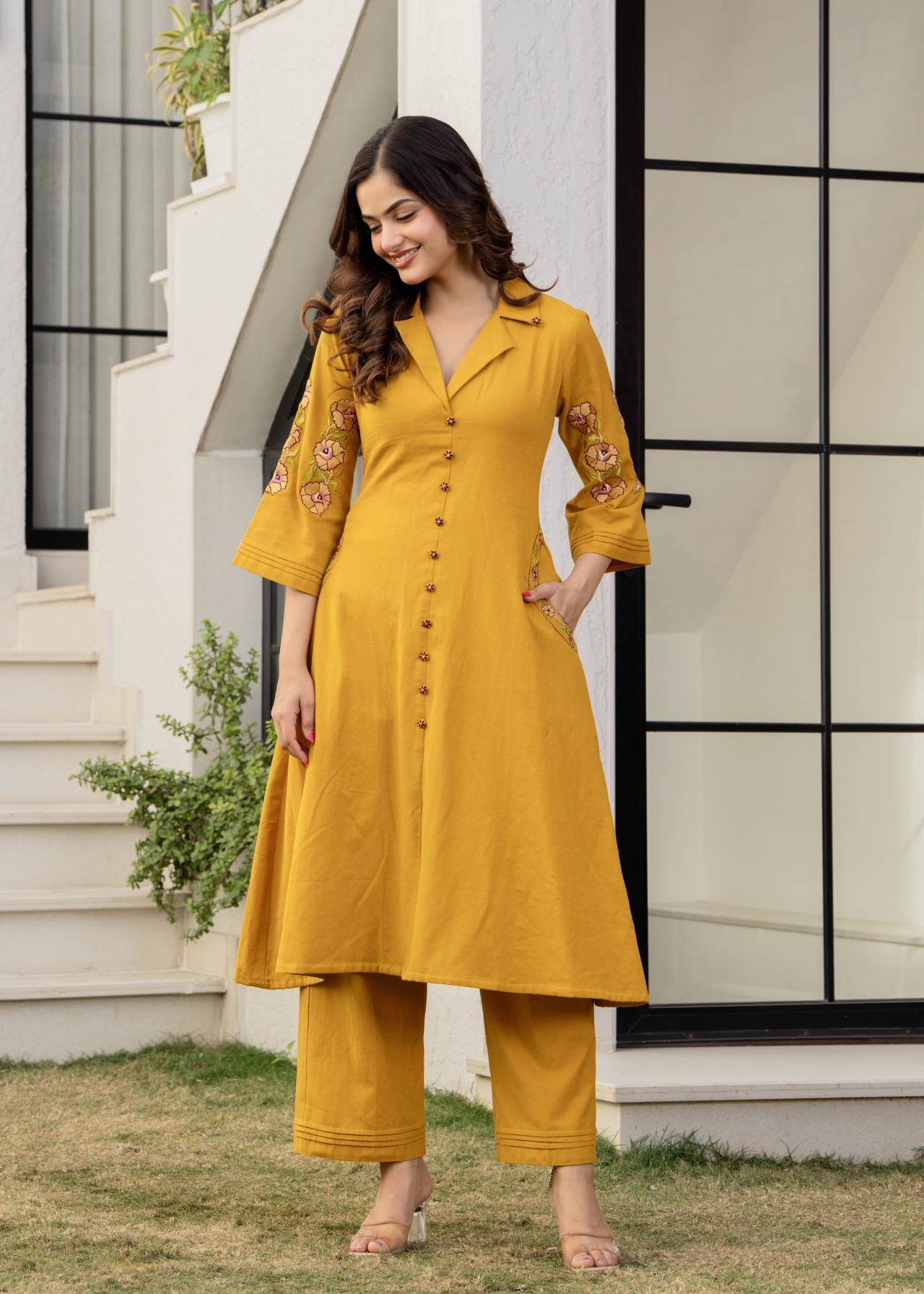 Mustard Hand Embroidered Cotton Co-ord Set Online for Women