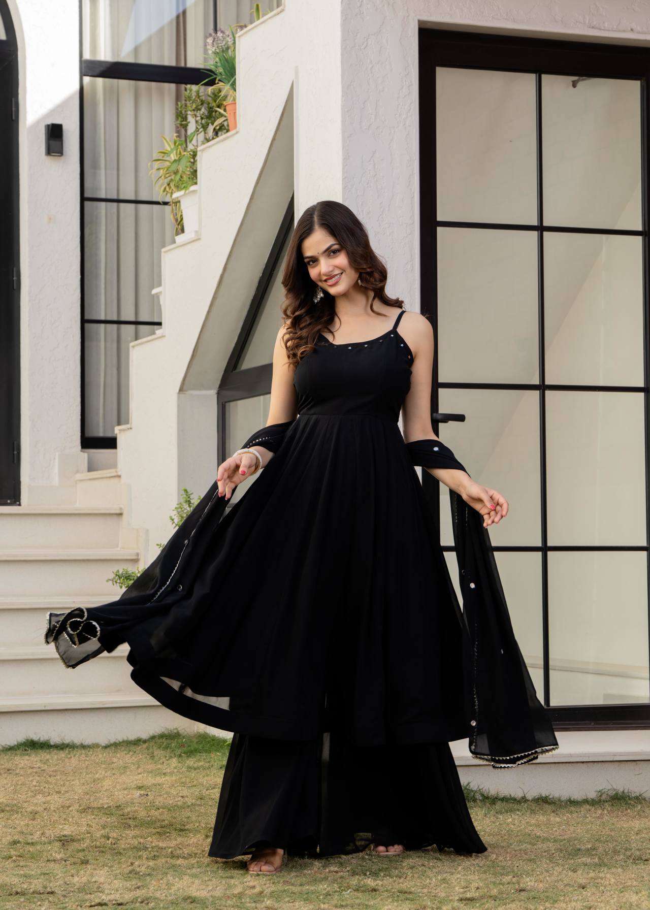 "Festive Ethnic Wear Black Georgette Anarkali Palazzo Set with Dupatta Online in India"