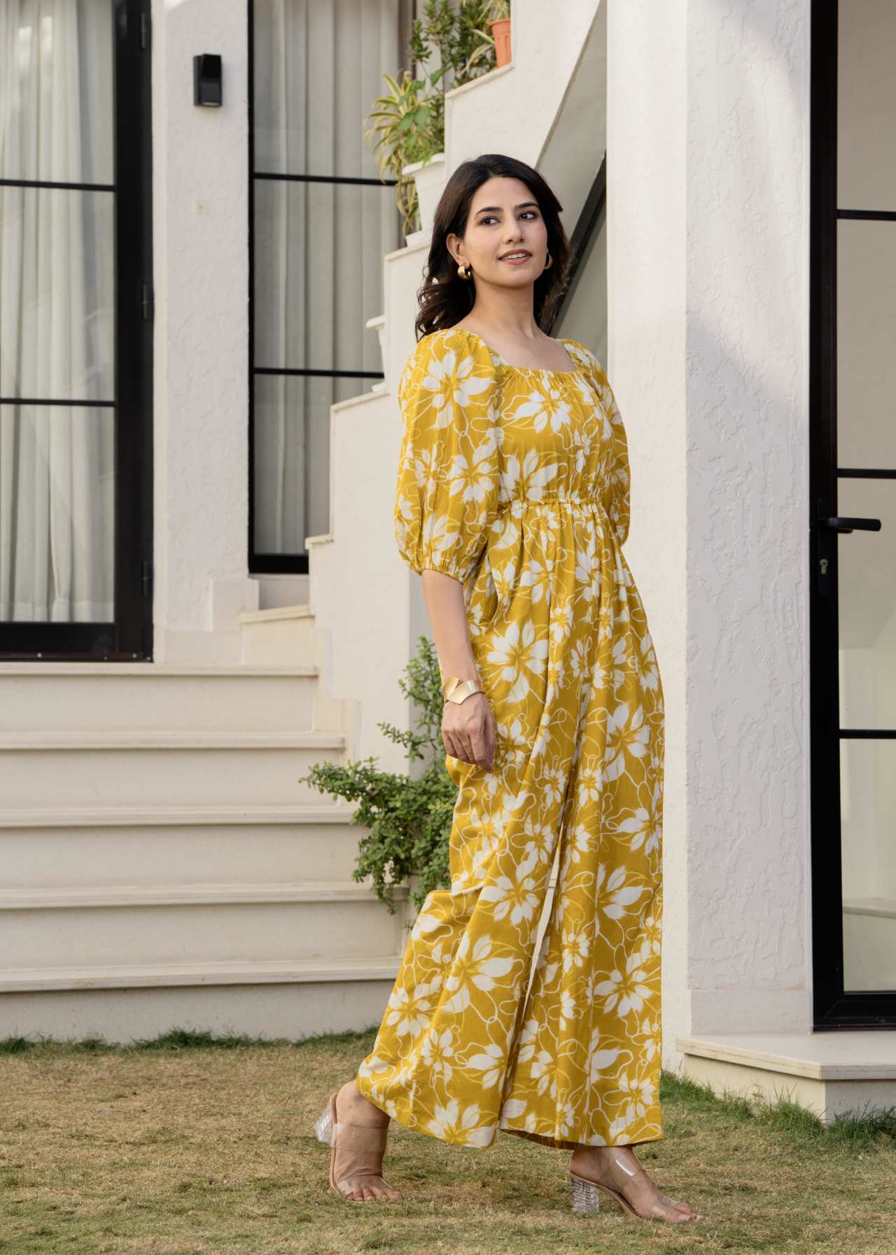 Buy Yellow Mustard Floral Printed Cotton Jumpsuit Online