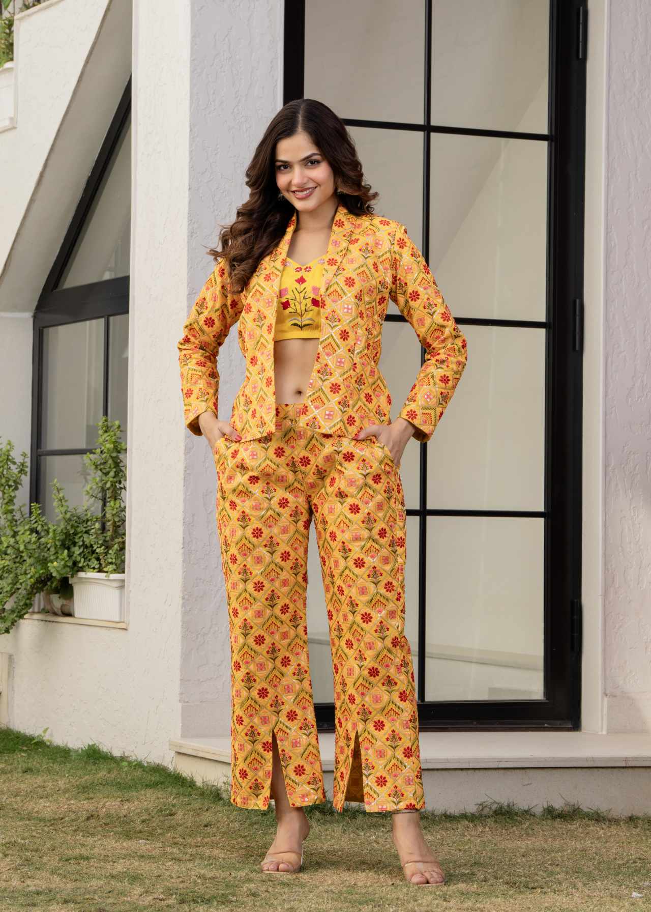 Designer Western Wear Yellow 3 Piece Crop Top Coat Pant Set for Women