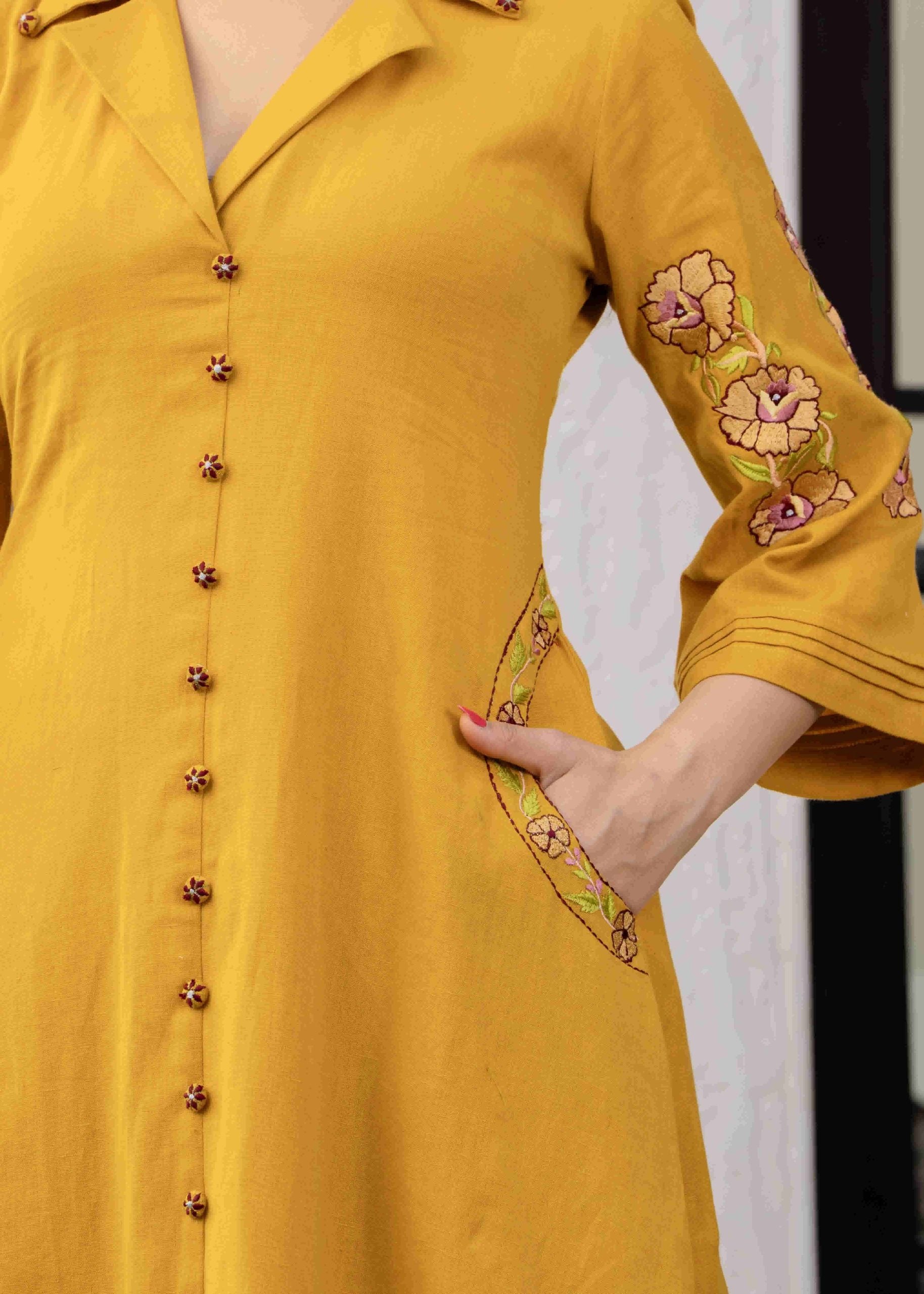 Mustard Hand Embroidered Cotton Co-ord Set Online for Women