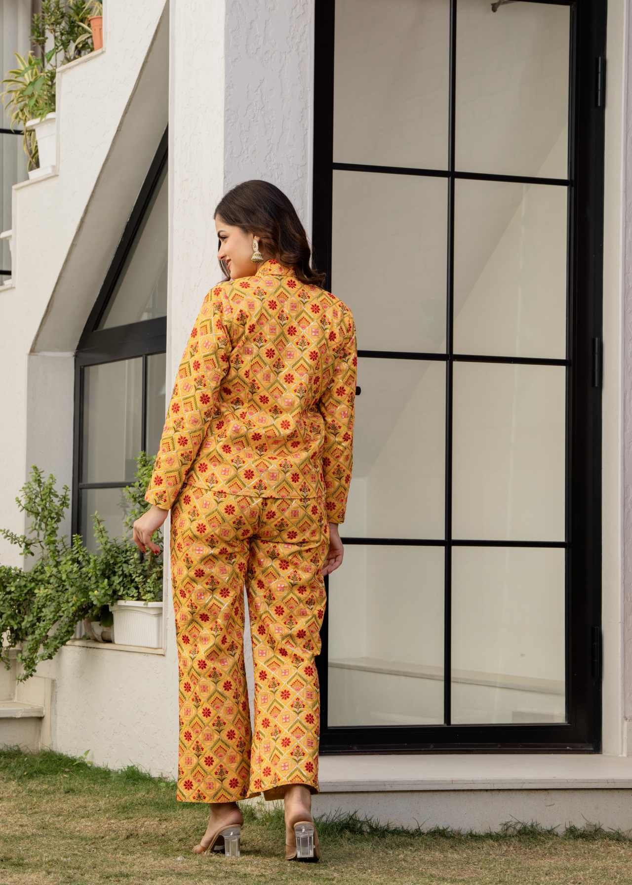 Designer Western Wear Yellow 3 Piece Crop Top Coat Pant Set for Women