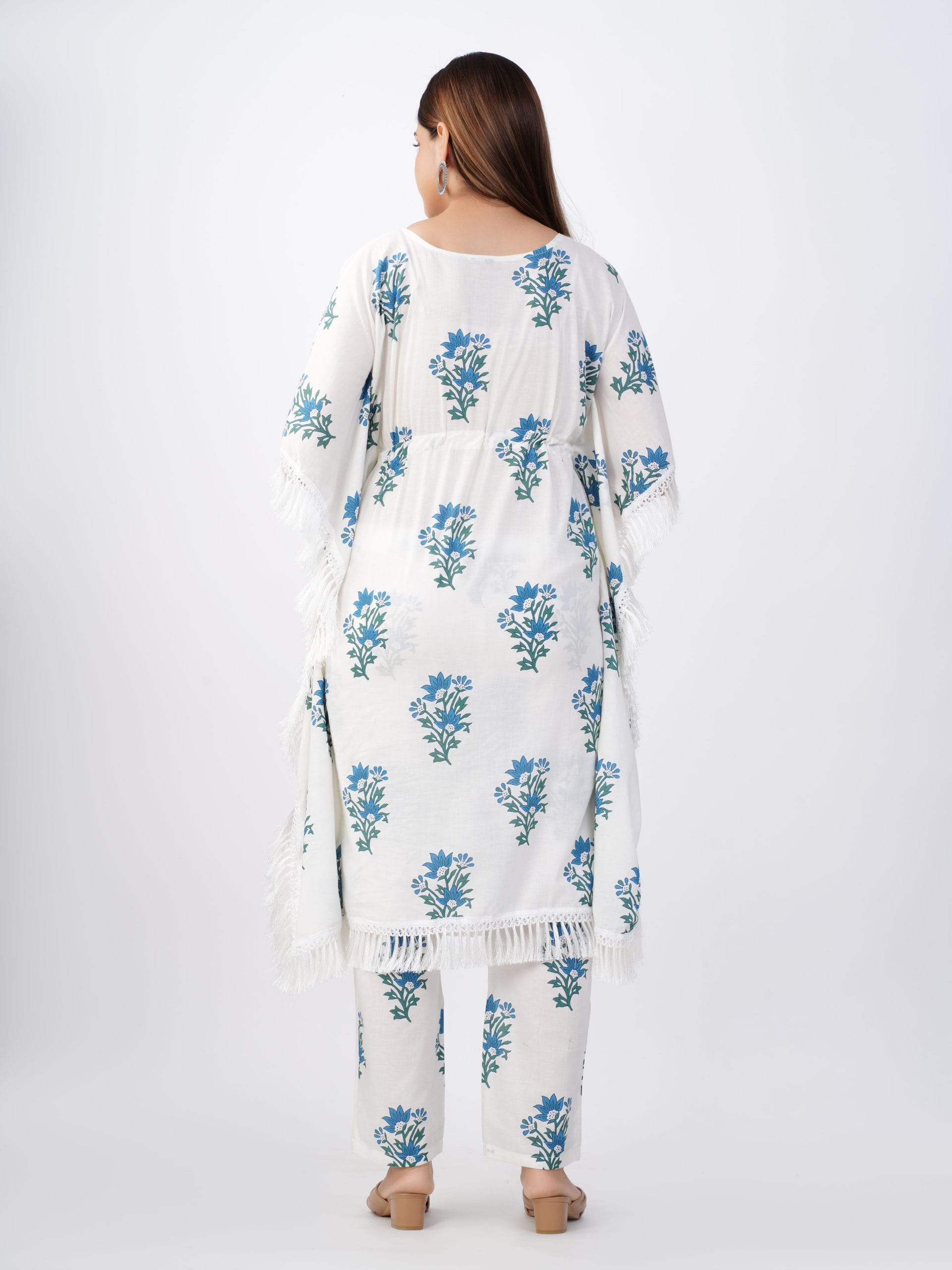 White Blue Floral Kaftan Pant Set - View 2