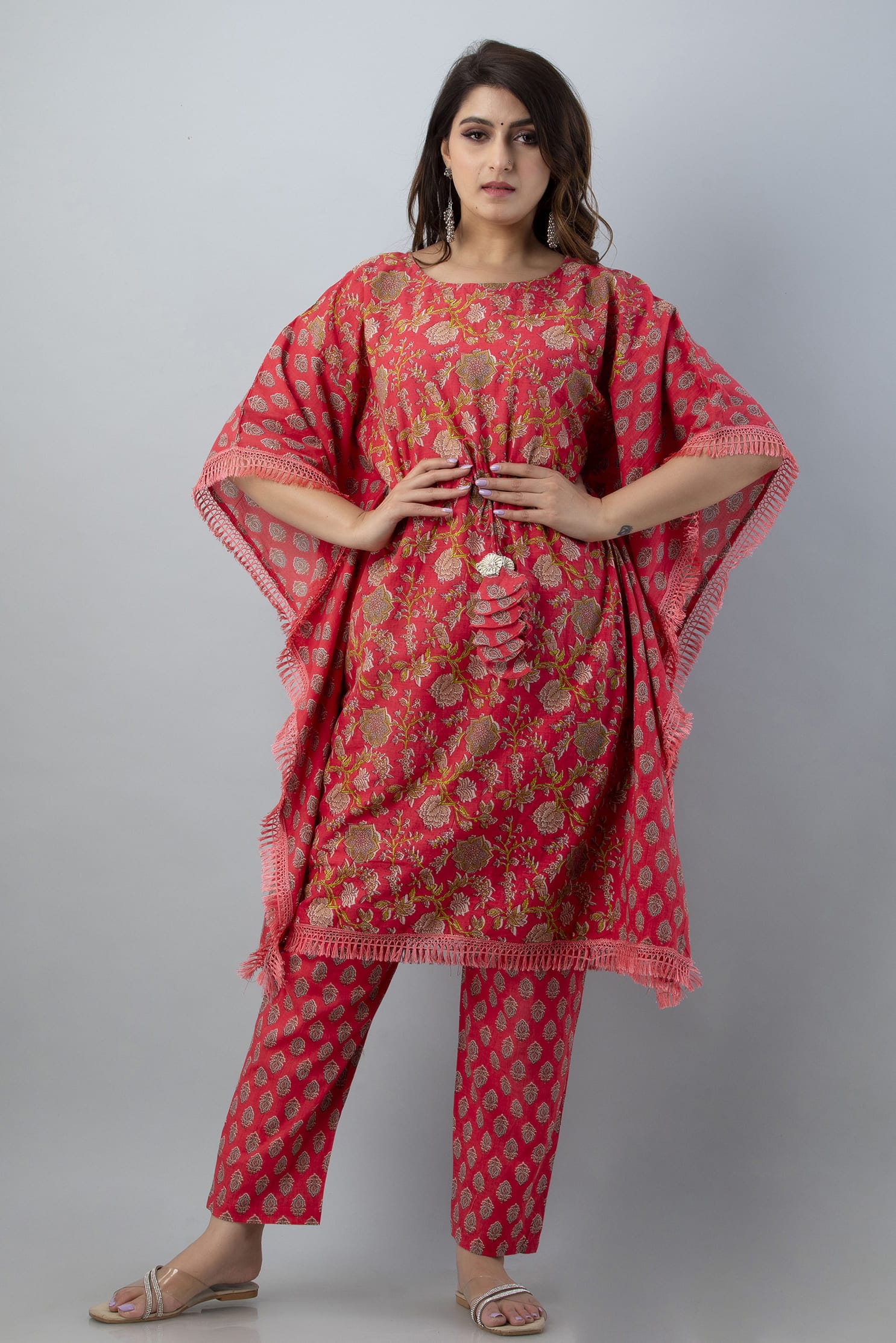 Festive Rouge Bloom – Red Gold Floral Rayon Kaftan Pant Set by Vaaki