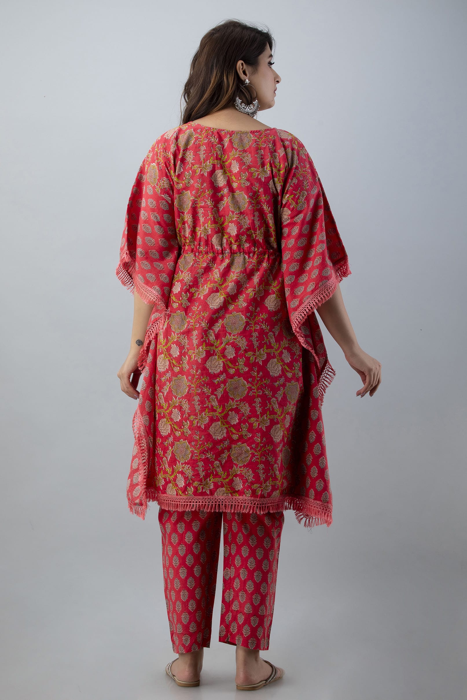 Red Floral Cotton Kaftan Pant Set - View 2