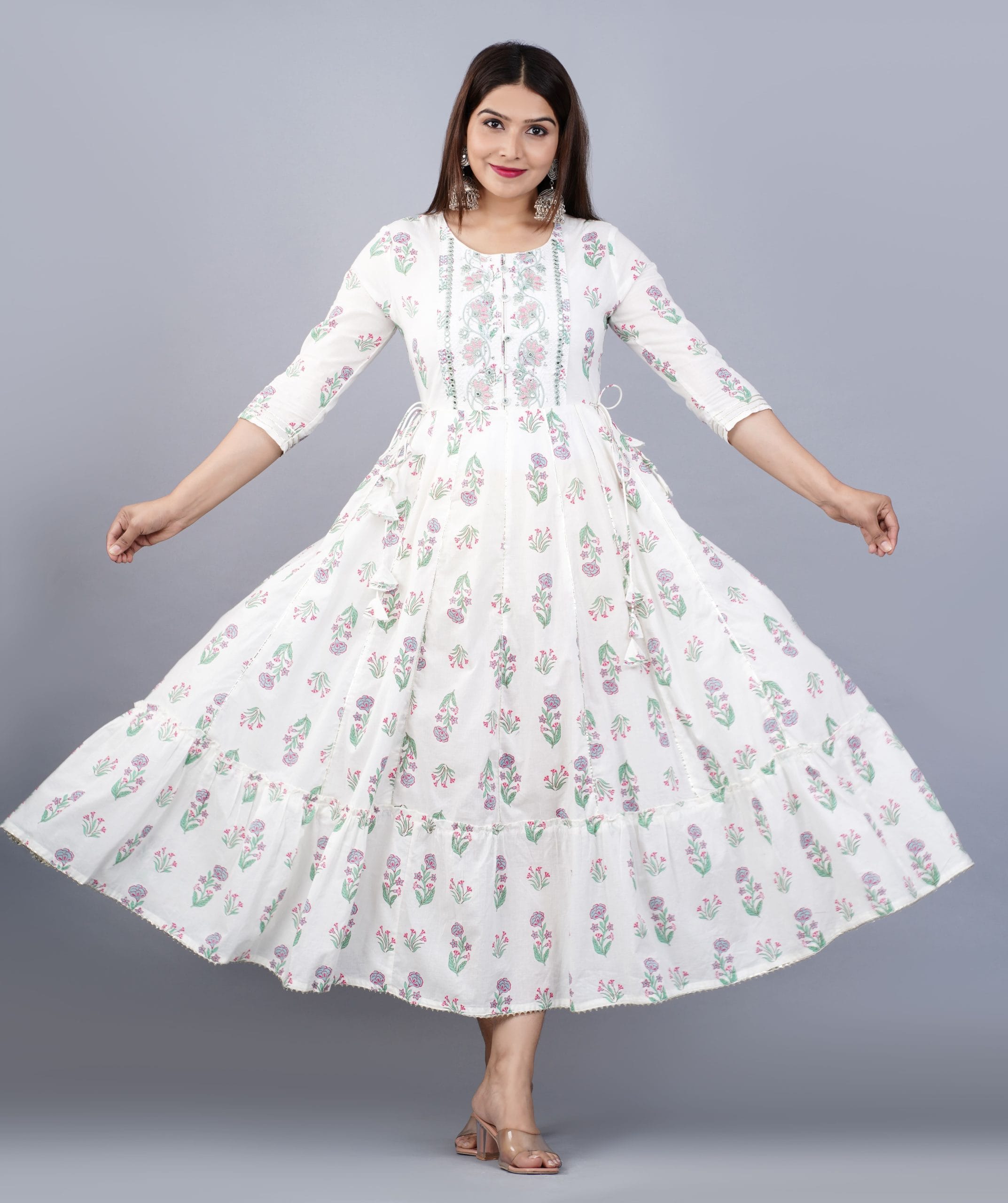 Ivaya White Printed Cotton Anarkali Kurti for Women by Vaaki