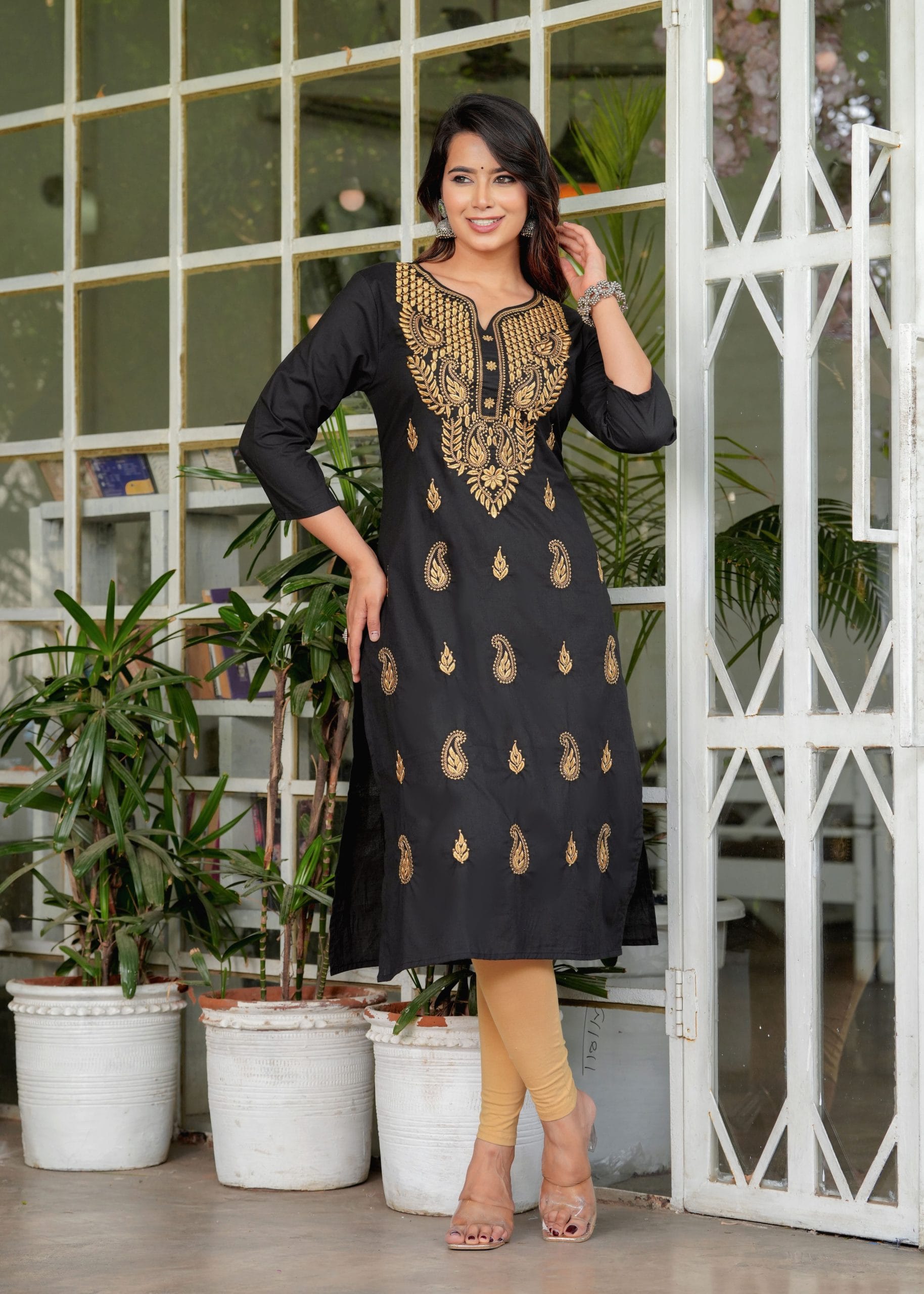 Noor Black & Gold Embroidered Straight Kurti with Pant by Vaaki
