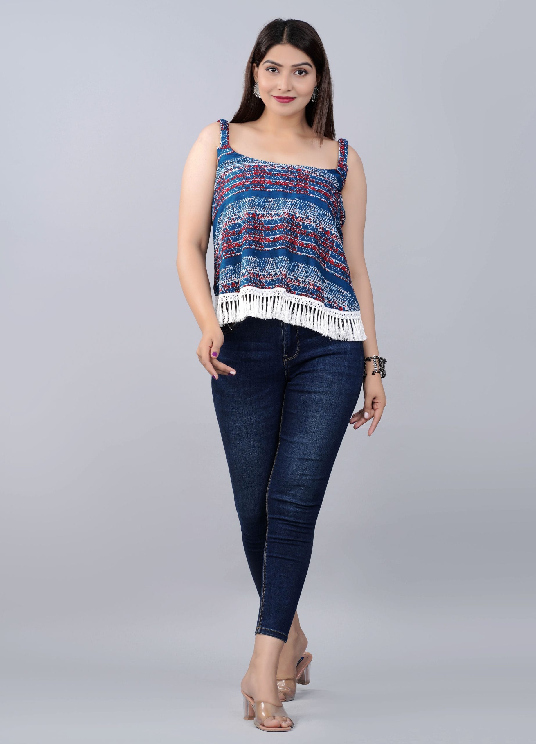 Nira Blue Boho Fringe Top - View 5