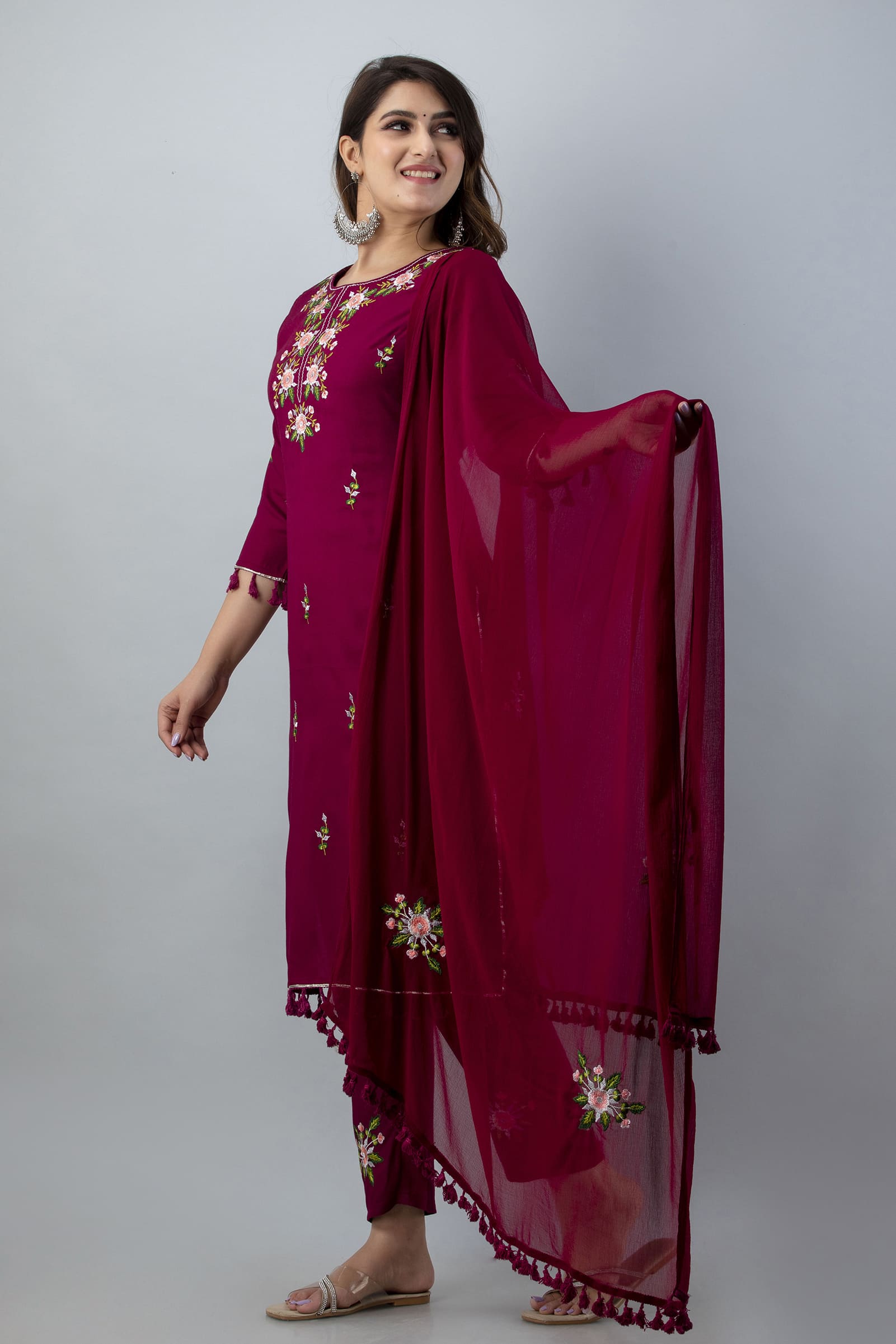 Wine Embroidered Rayon Kurta Set with Dupatta by Vaaki