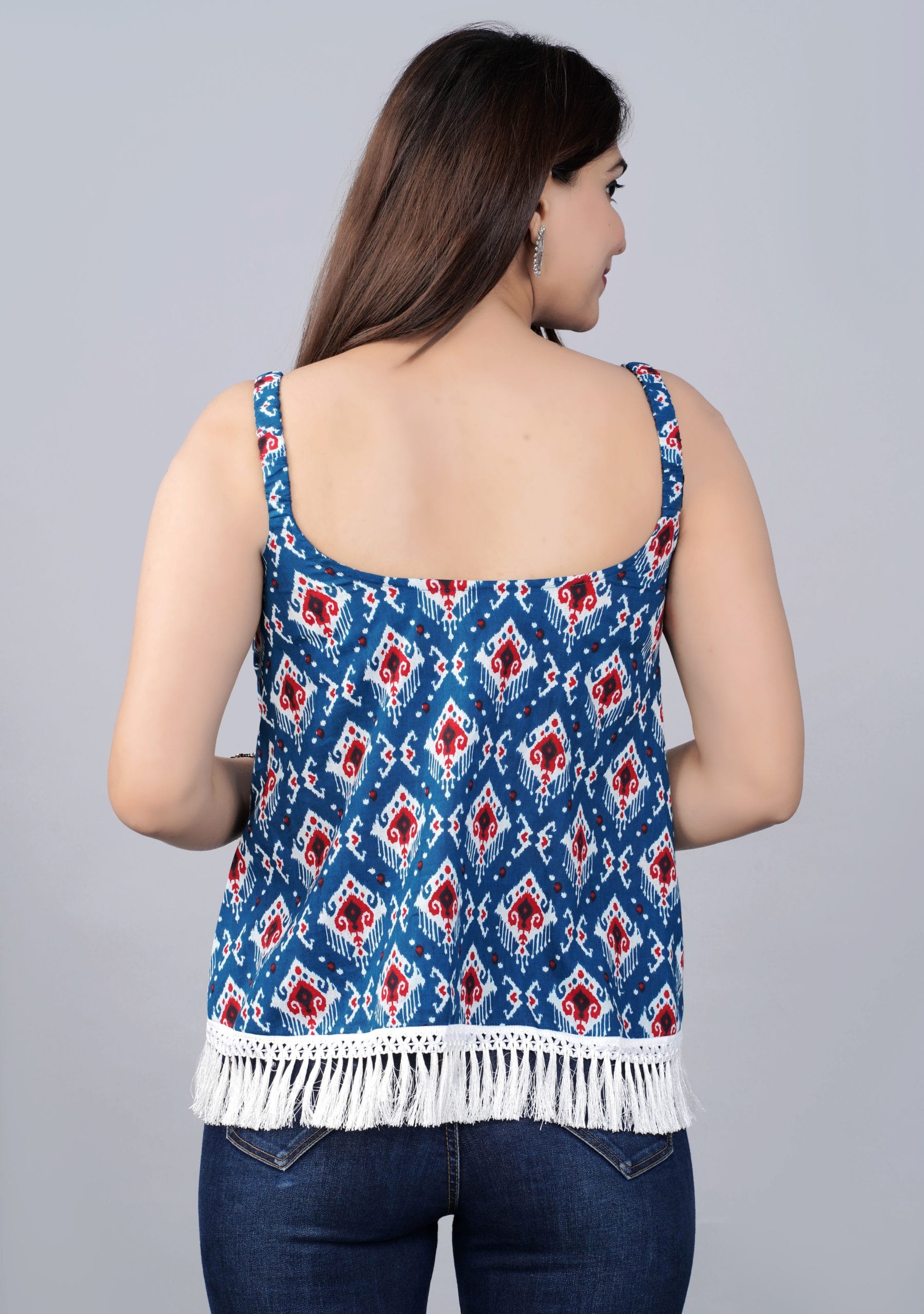 Nira Deep Blue Boho Fringe Top - View 2