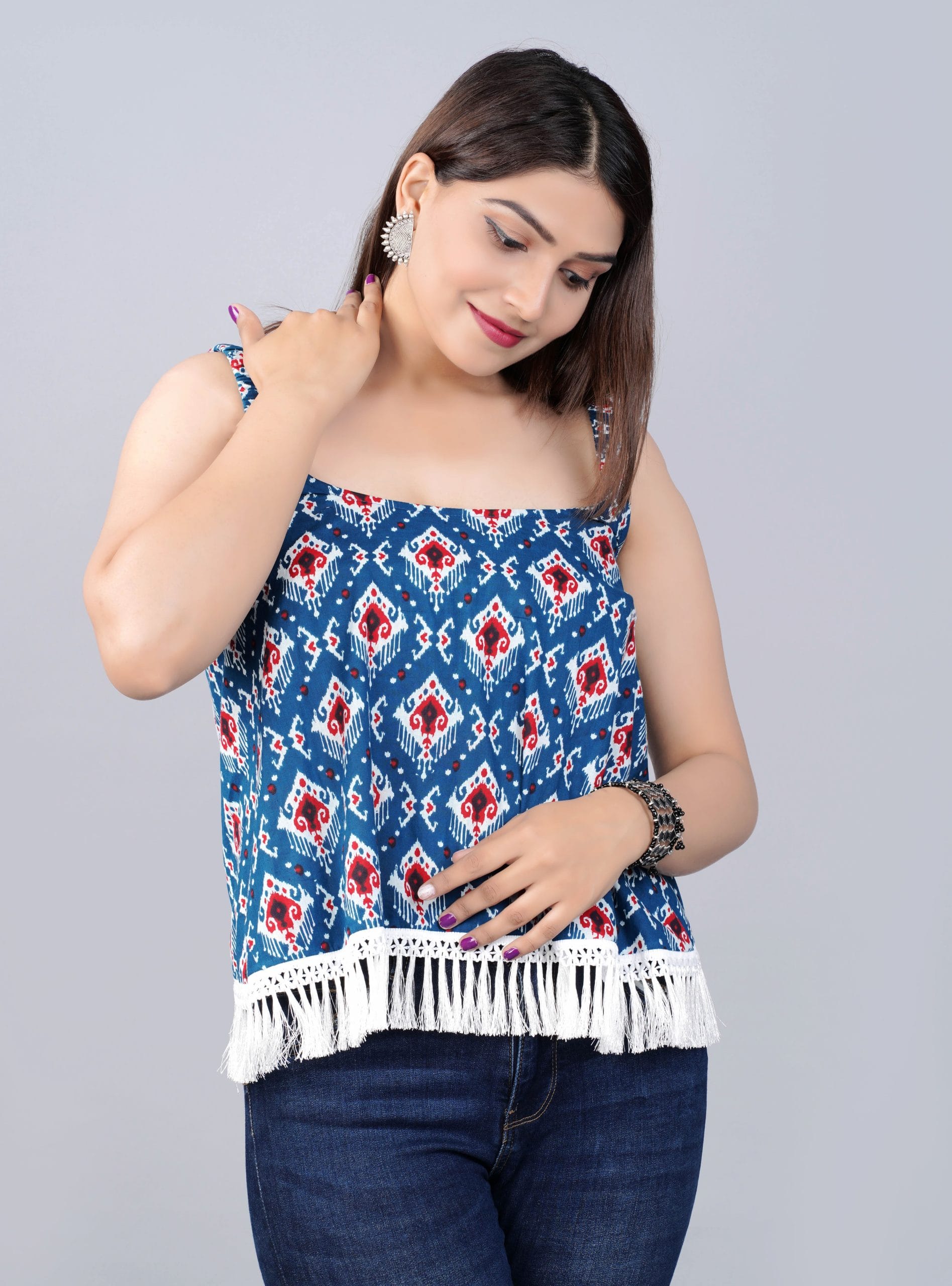 Nira Deep Blue Boho Fringe Top - View 3