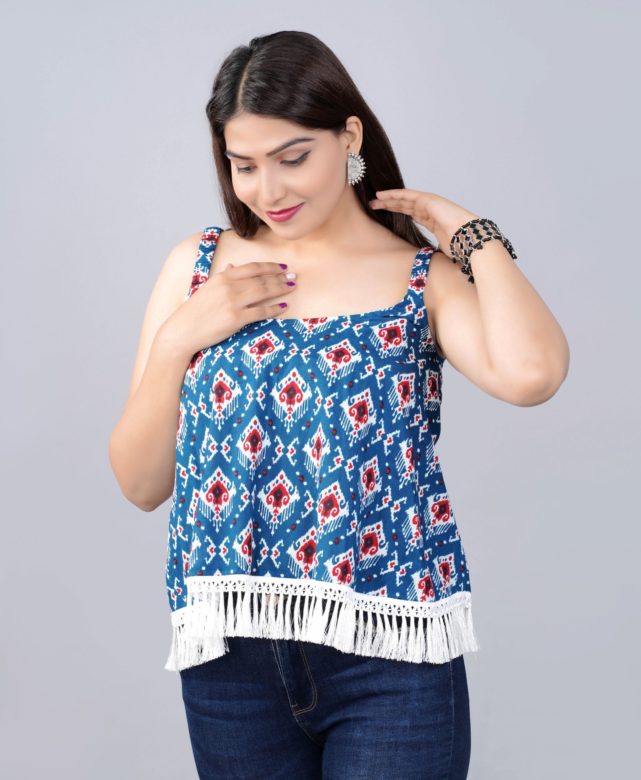 Nira Deep Blue Boho Fringe Top - View 5