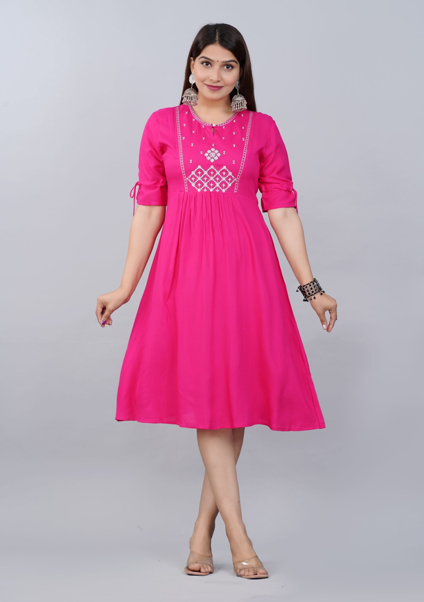 Meta Title: Fuchsia Pink Embroidered Cotton Kurti Dress for Women by Vaaki