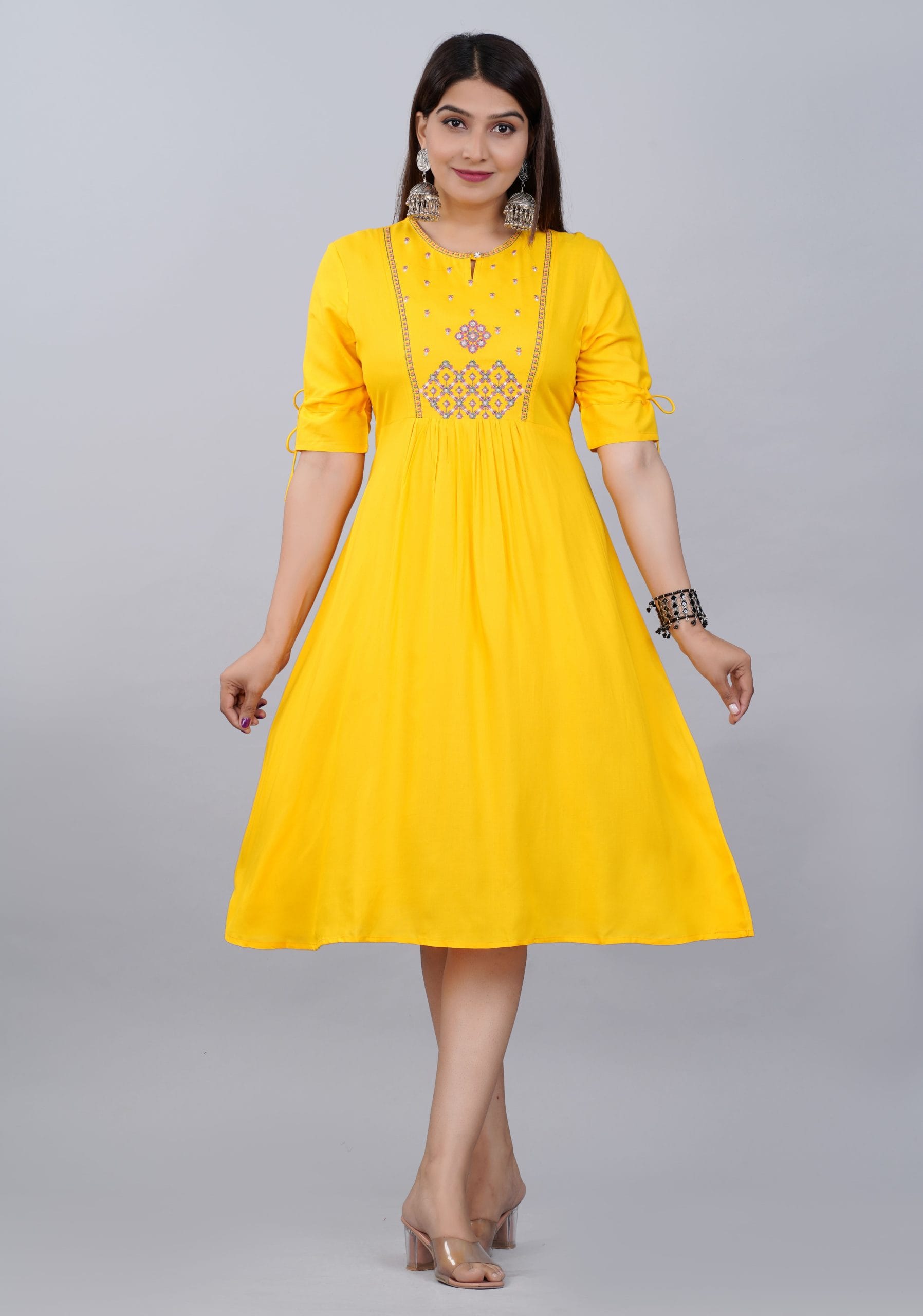 "Mustard Yellow Embroidered A-Line Kurti Dress"