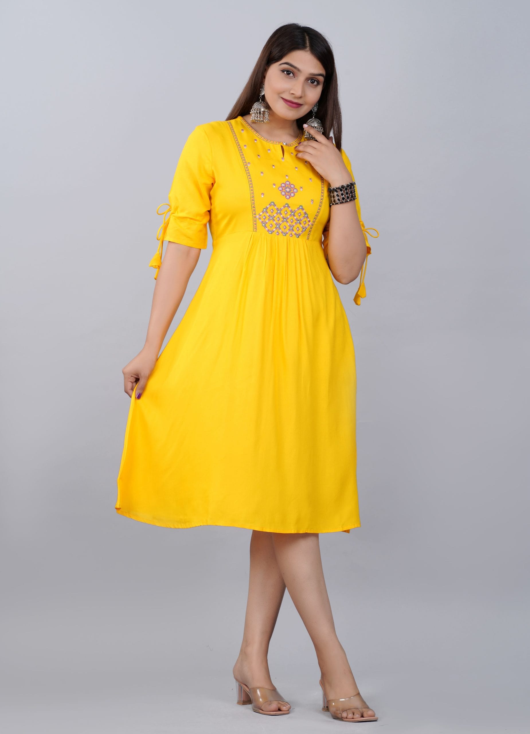 Mustard Yellow Embroidered A-Line Kurti Dress - View 2