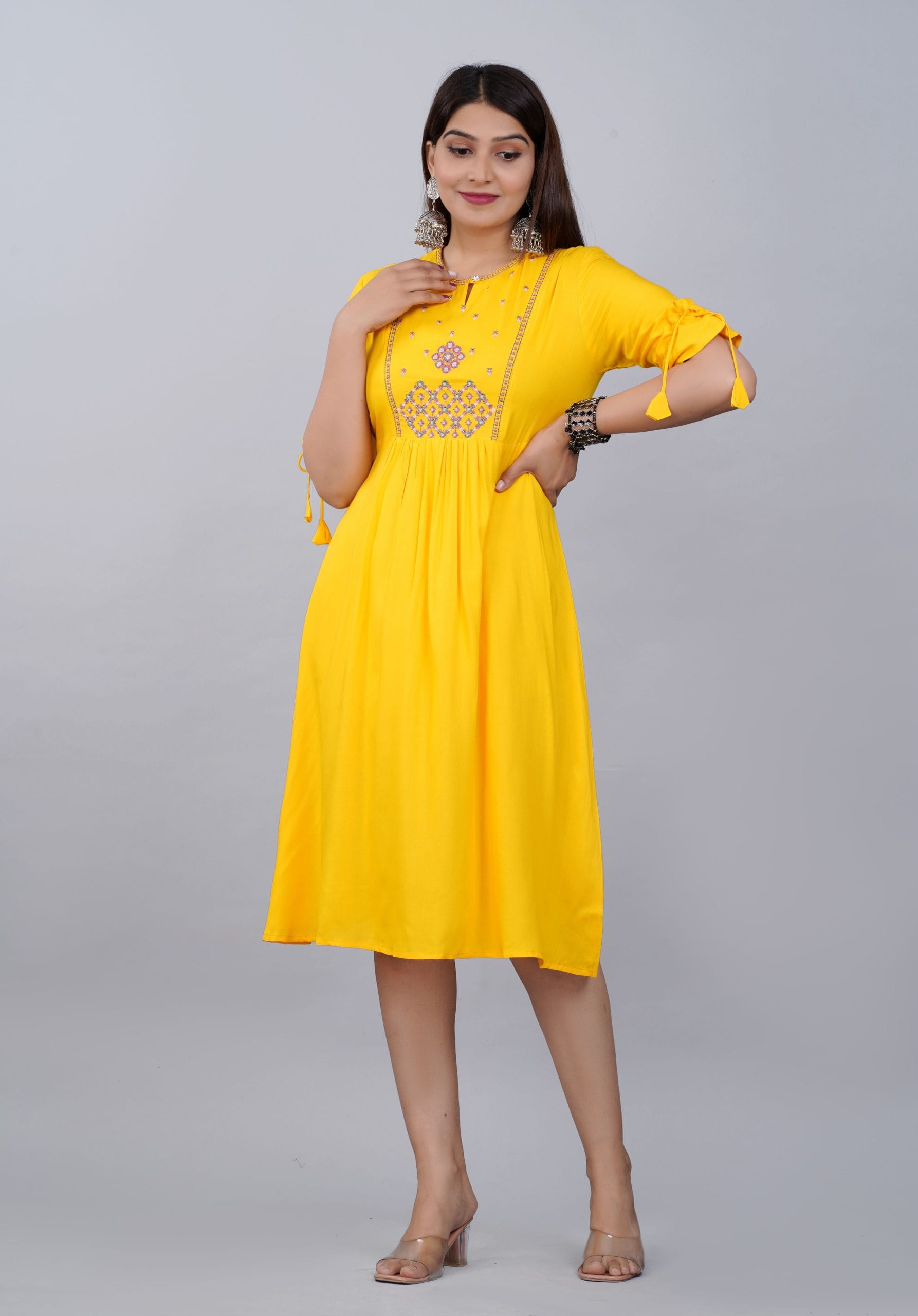 Mustard Yellow Embroidered A-Line Kurti Dress - View 3