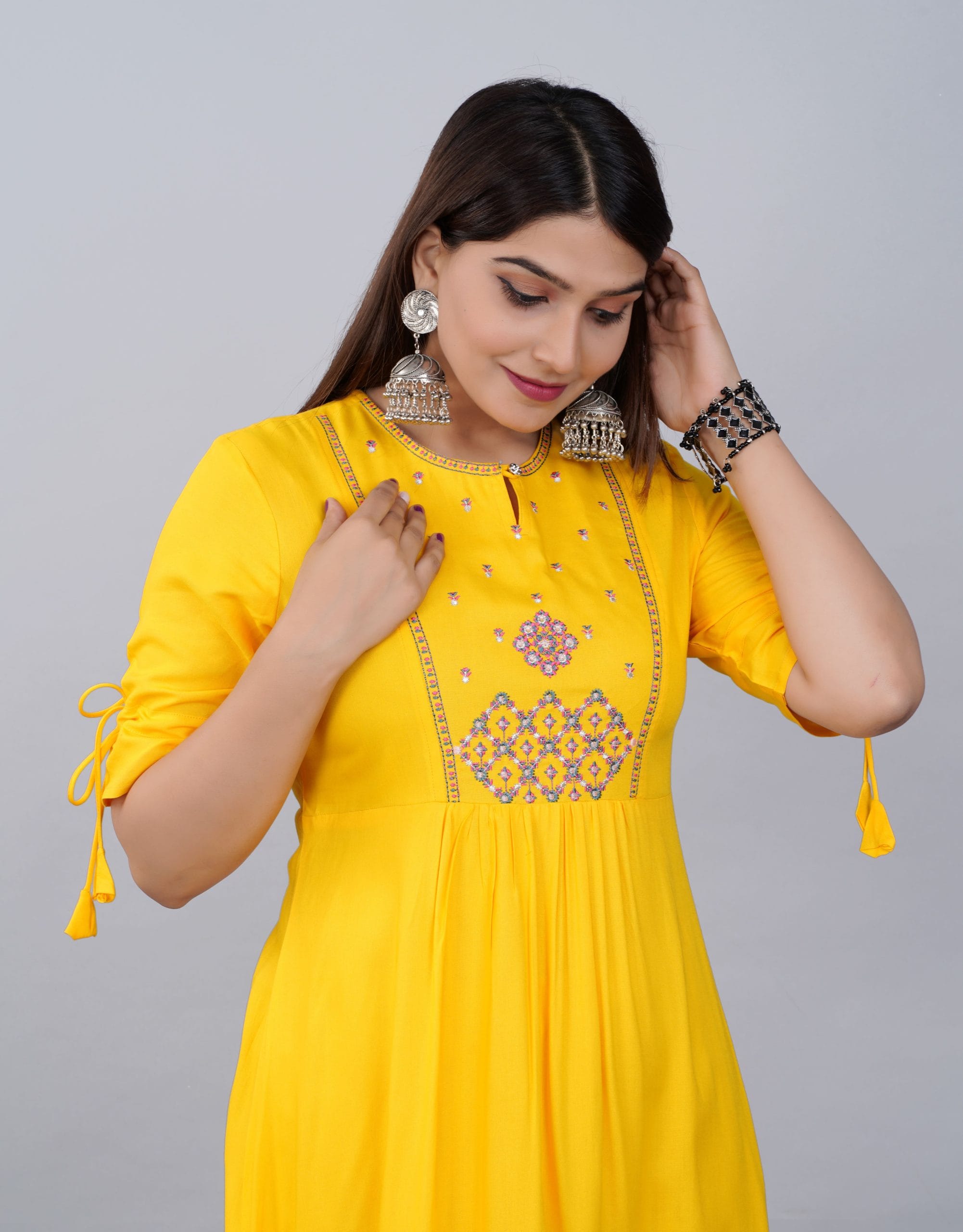 Mustard Yellow Embroidered A-Line Kurti Dress - View 5