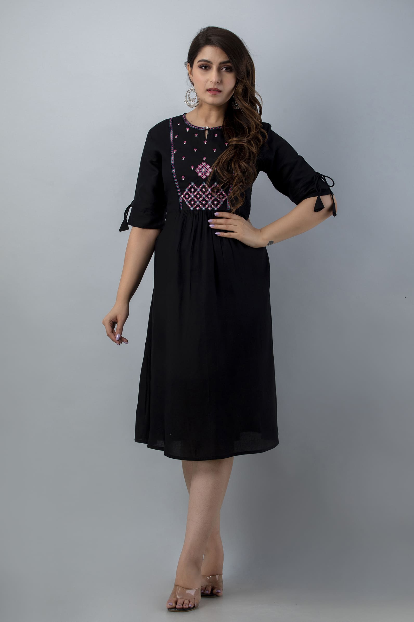 Aureva Black Front Embroidery Flared Kurta for Women by Vaaki