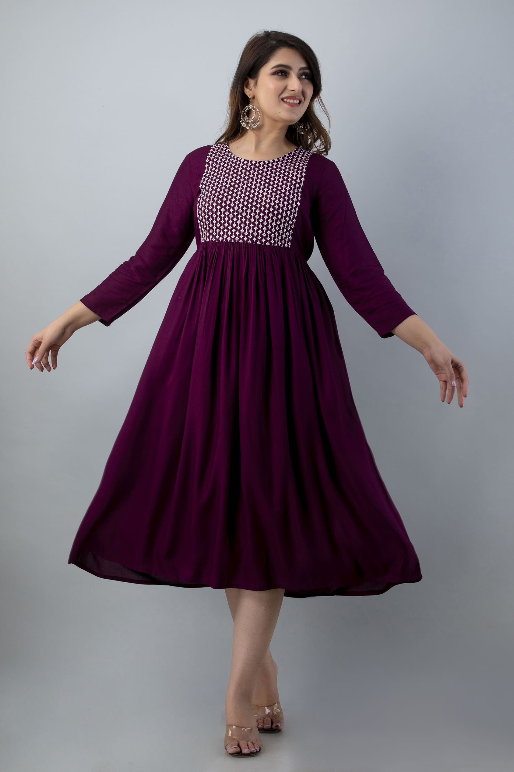 Mithya Wine Flared Midi Kurta Dress by Vaaki