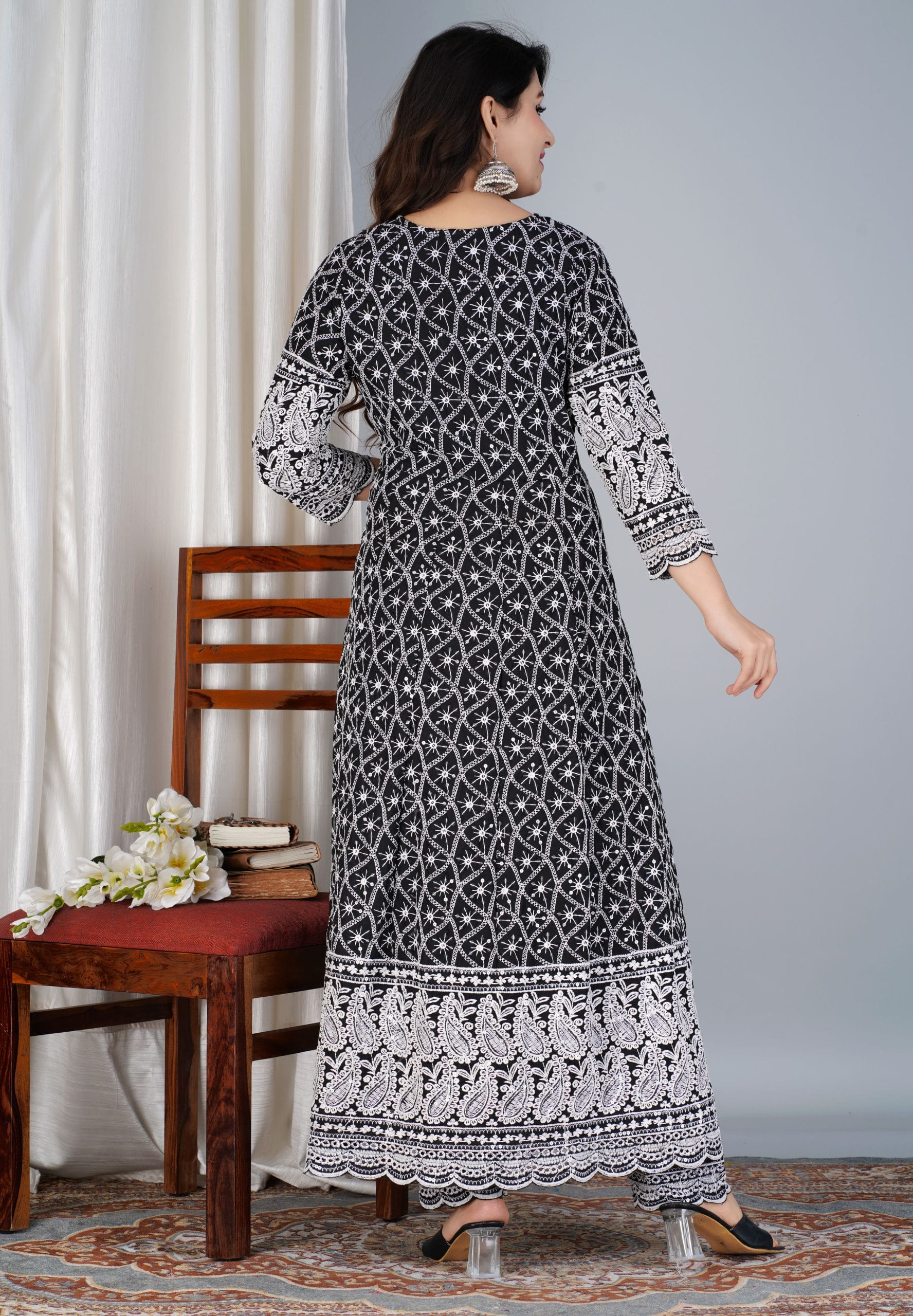 Elegant Black Chikankari Anarkali Kurti Pant Set - View 2