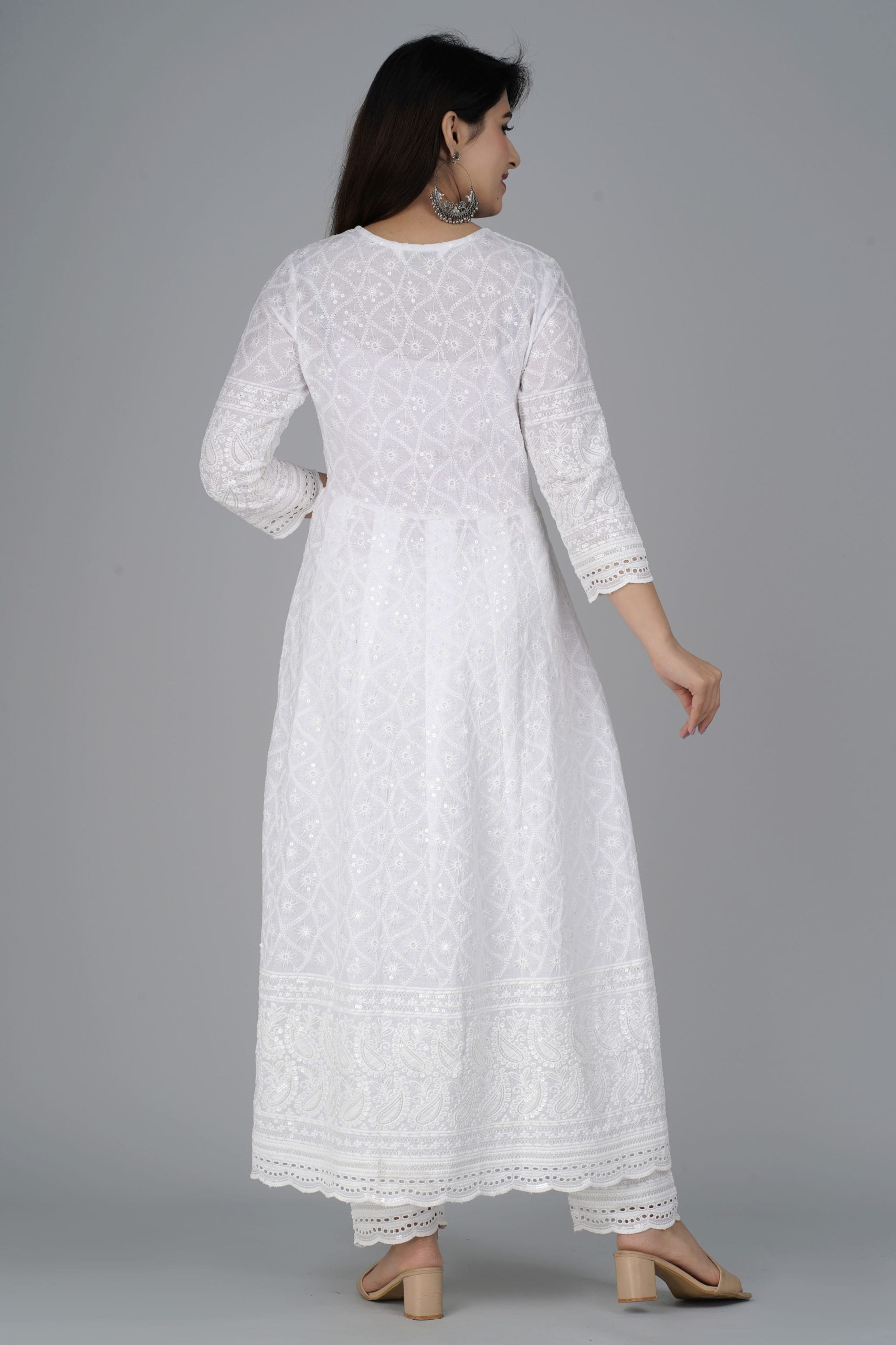 White Chikankari Anarkali Kurta Set with Dupatta - View 2
