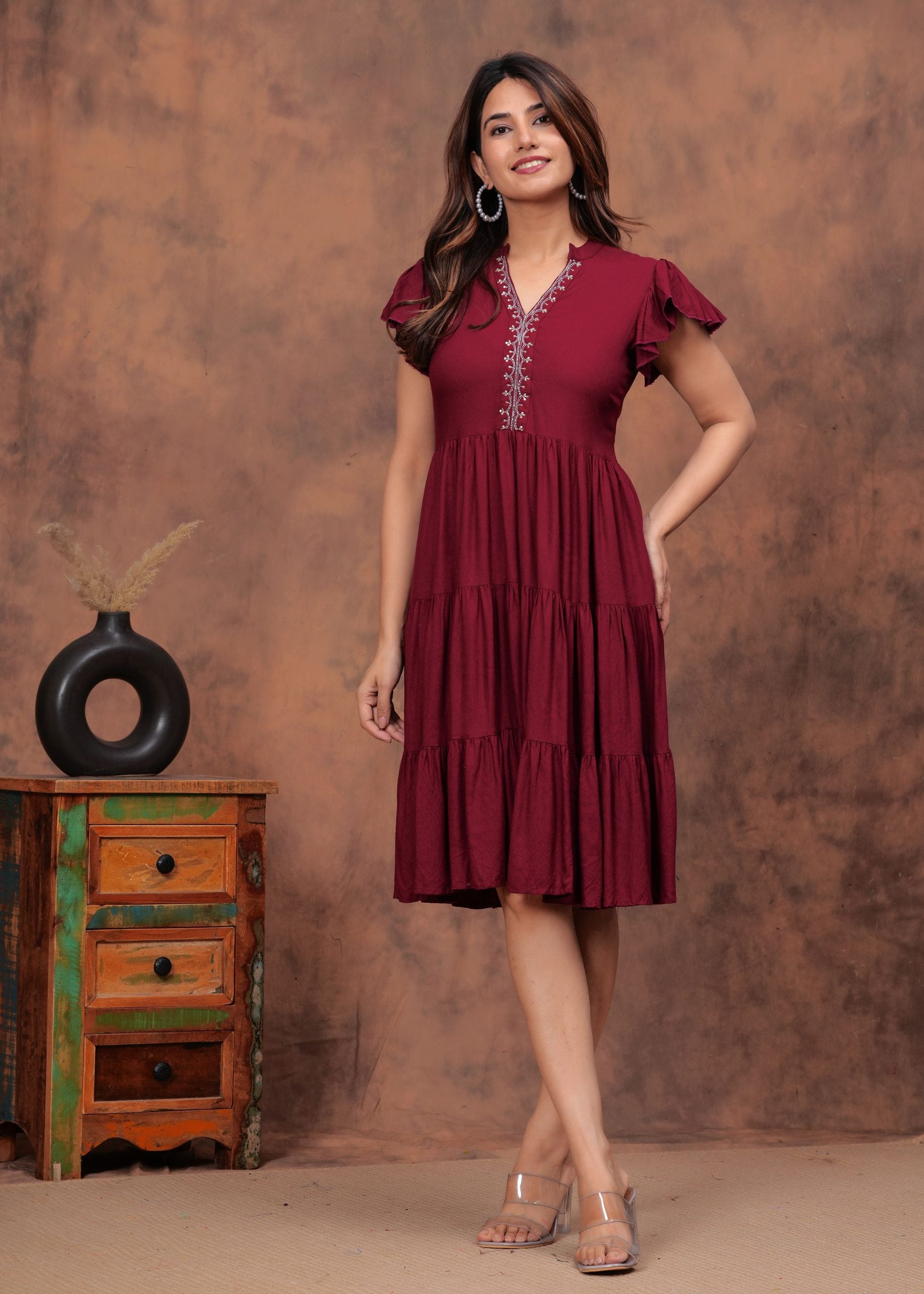 Zaara Maroon Flared Short Sleeve Dress - View 5