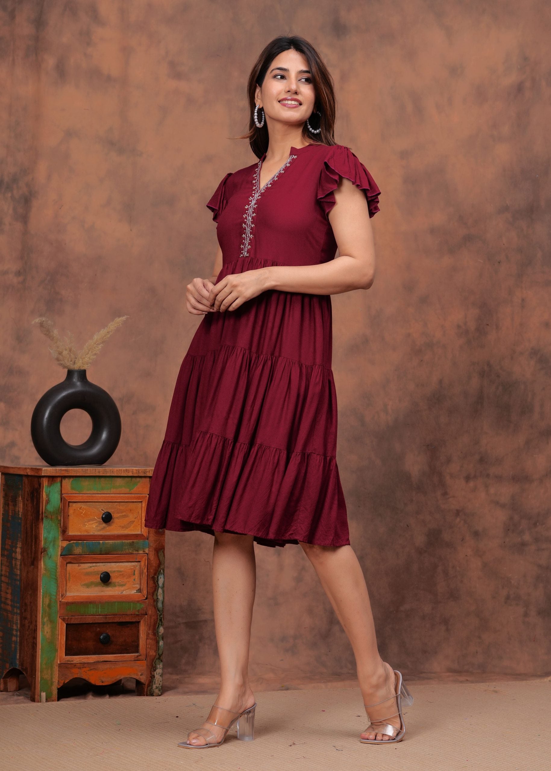 "Zaara Maroon Flared Short Sleeve Dress"