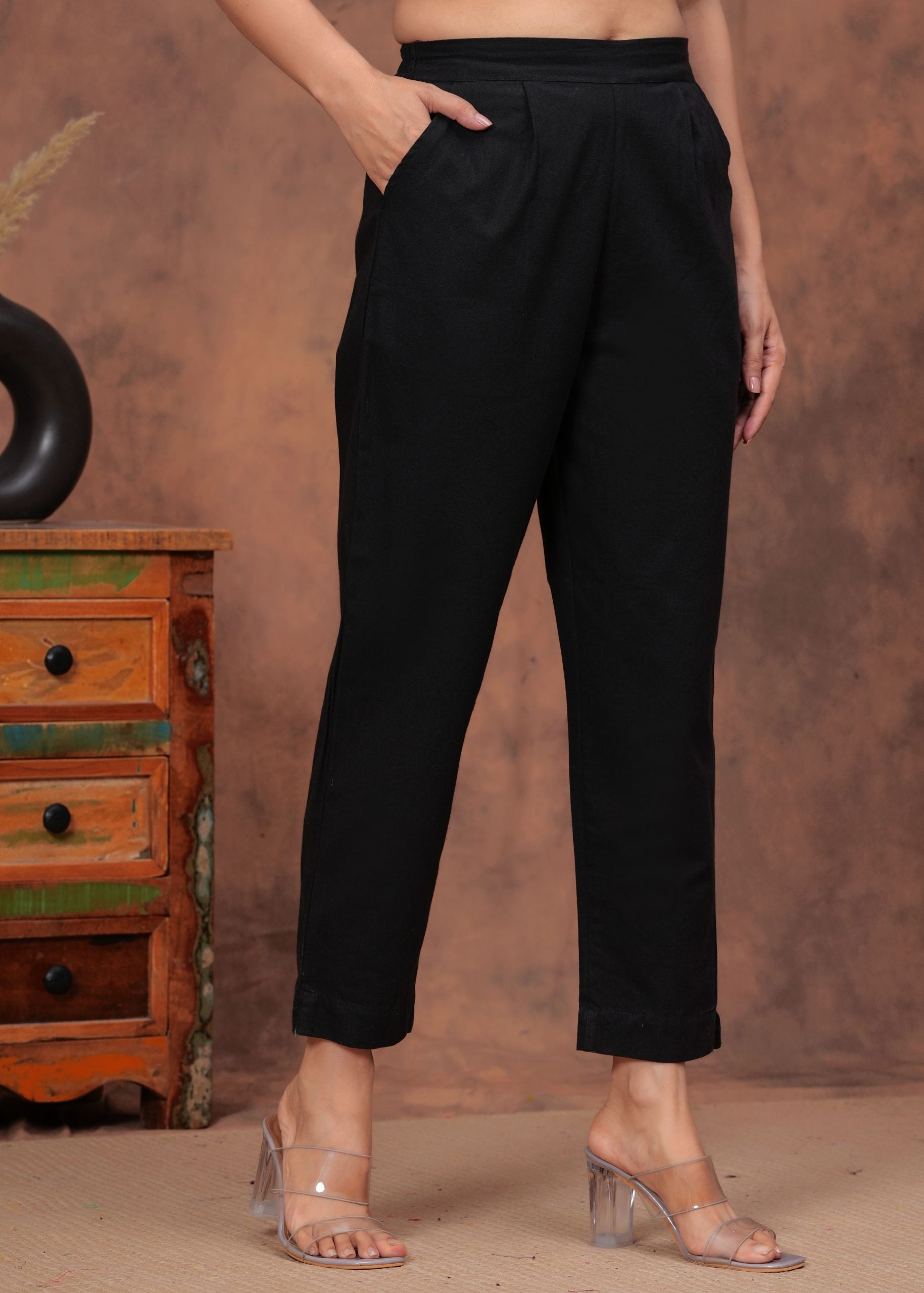 Noir Black Cotton Straight Pants for Women