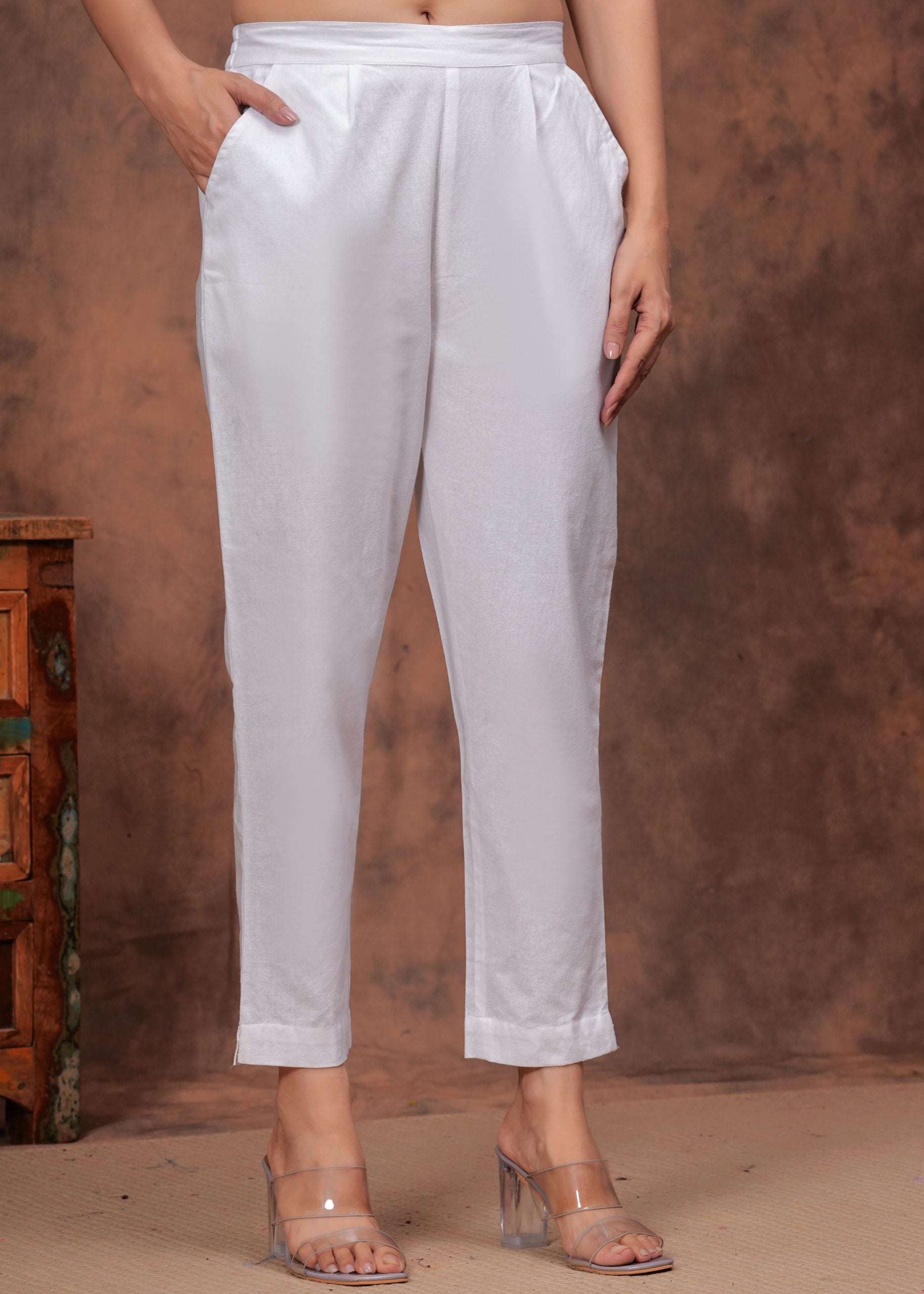 White Cotton Straight Pants for Women