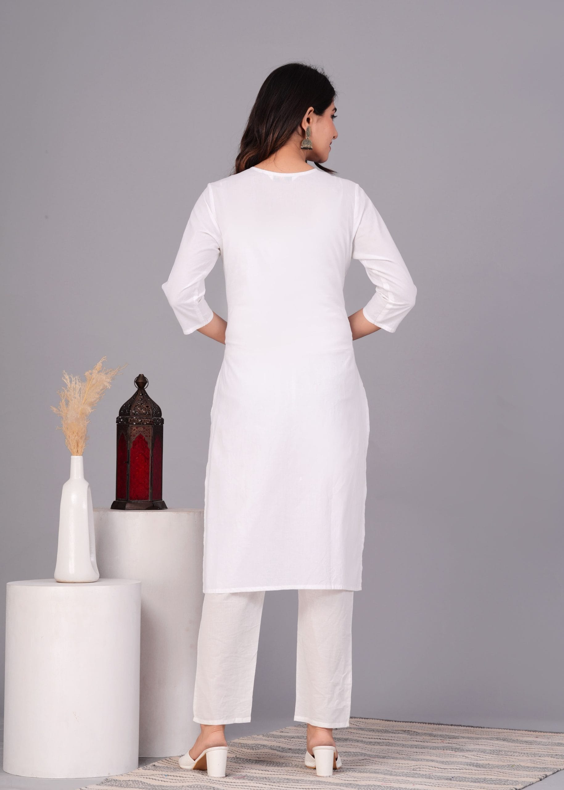 Cotton Pink Embroidery White Straight Kurti - View 2