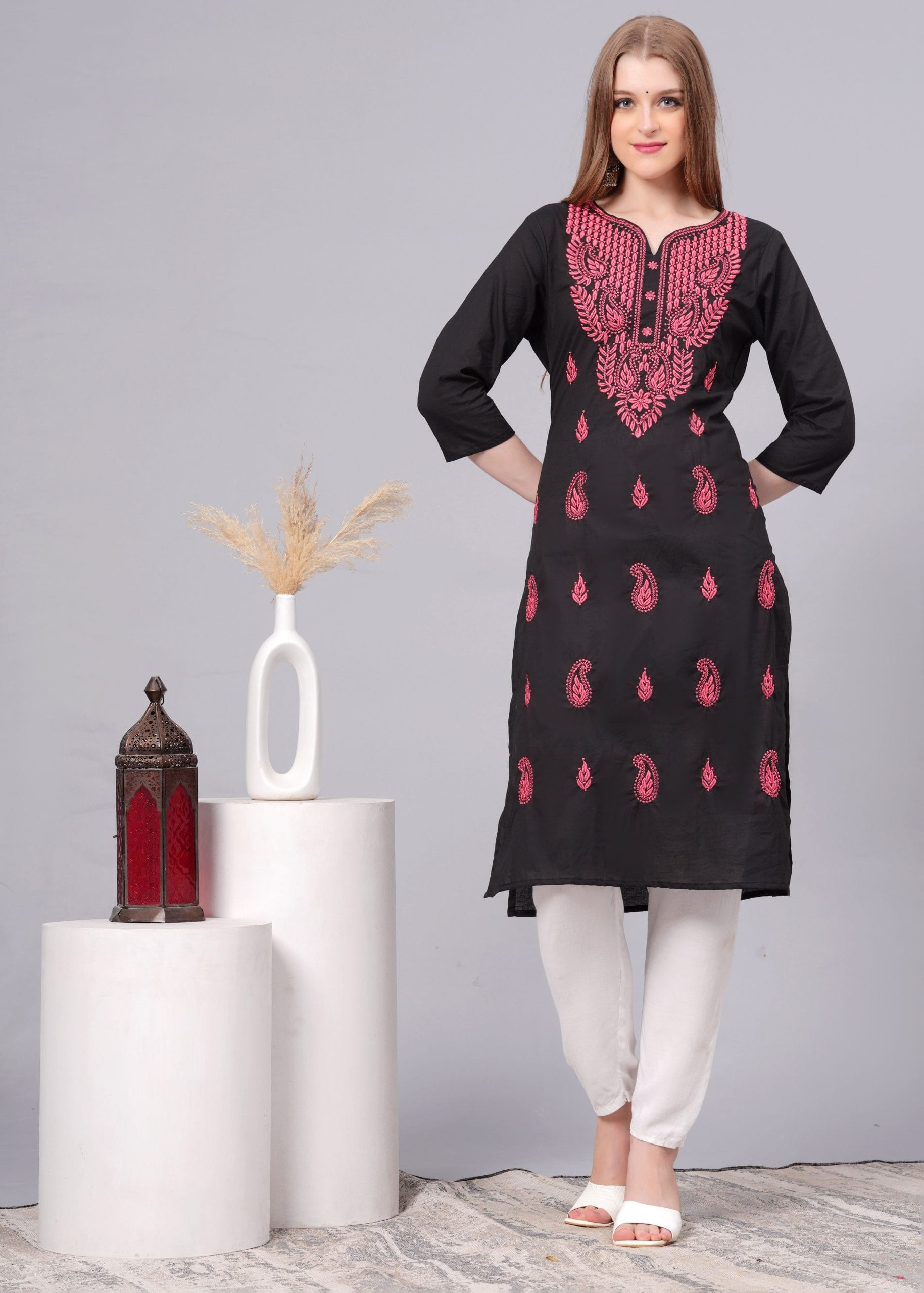 Cotton Pink Embroidery Black Straight Kurti by Vaaki