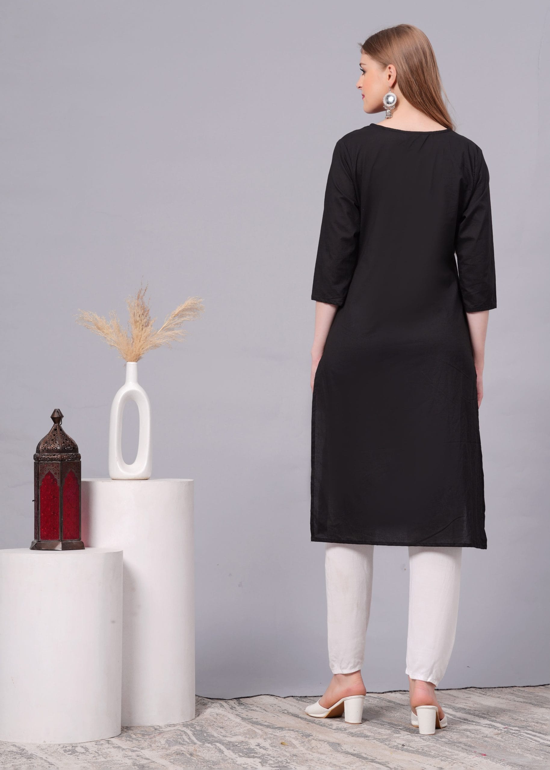 Cotton Pink Embroidery Black Straight Kurti - View 2