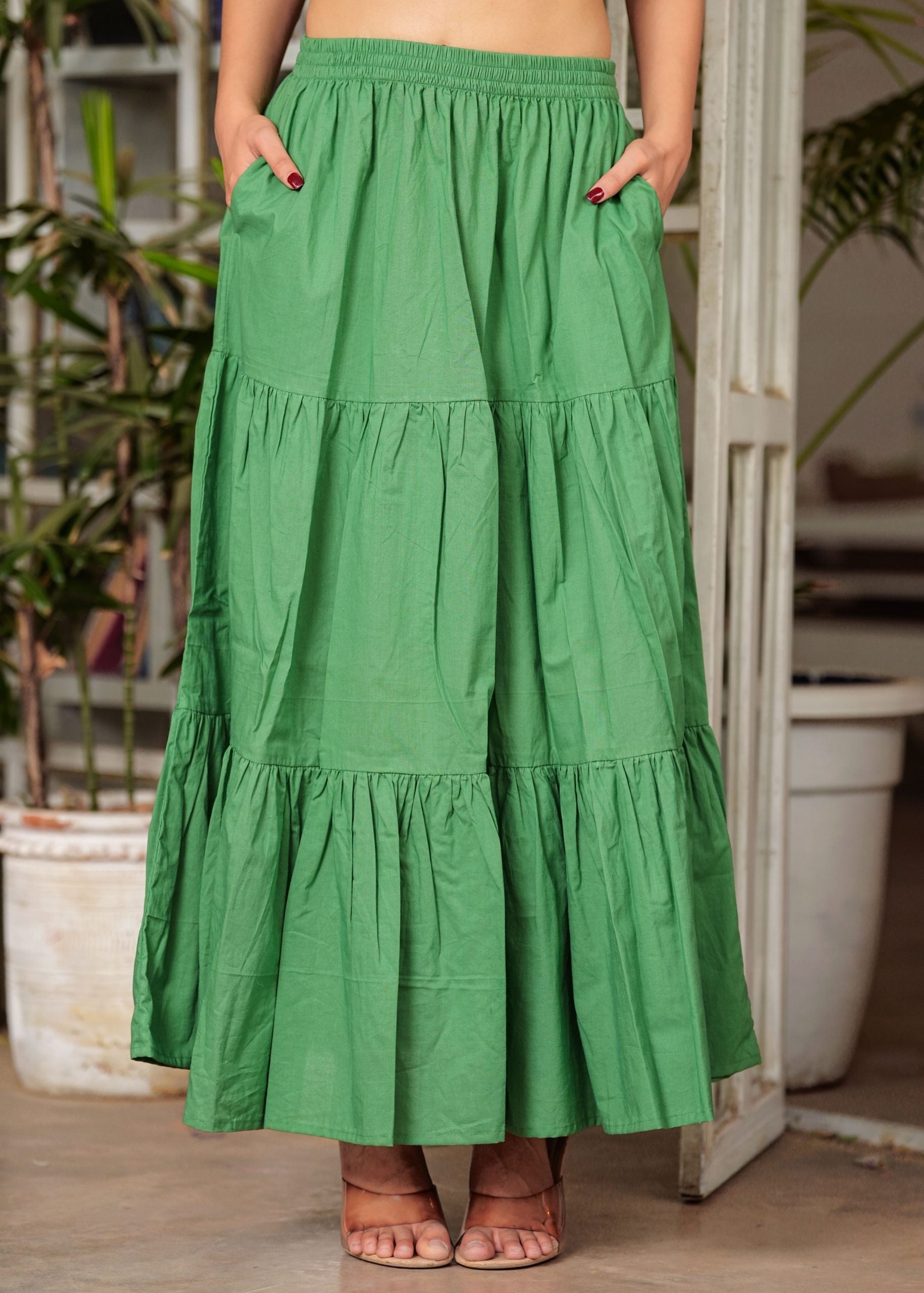 Aarvi Green Cotton A-Line Long Skirt