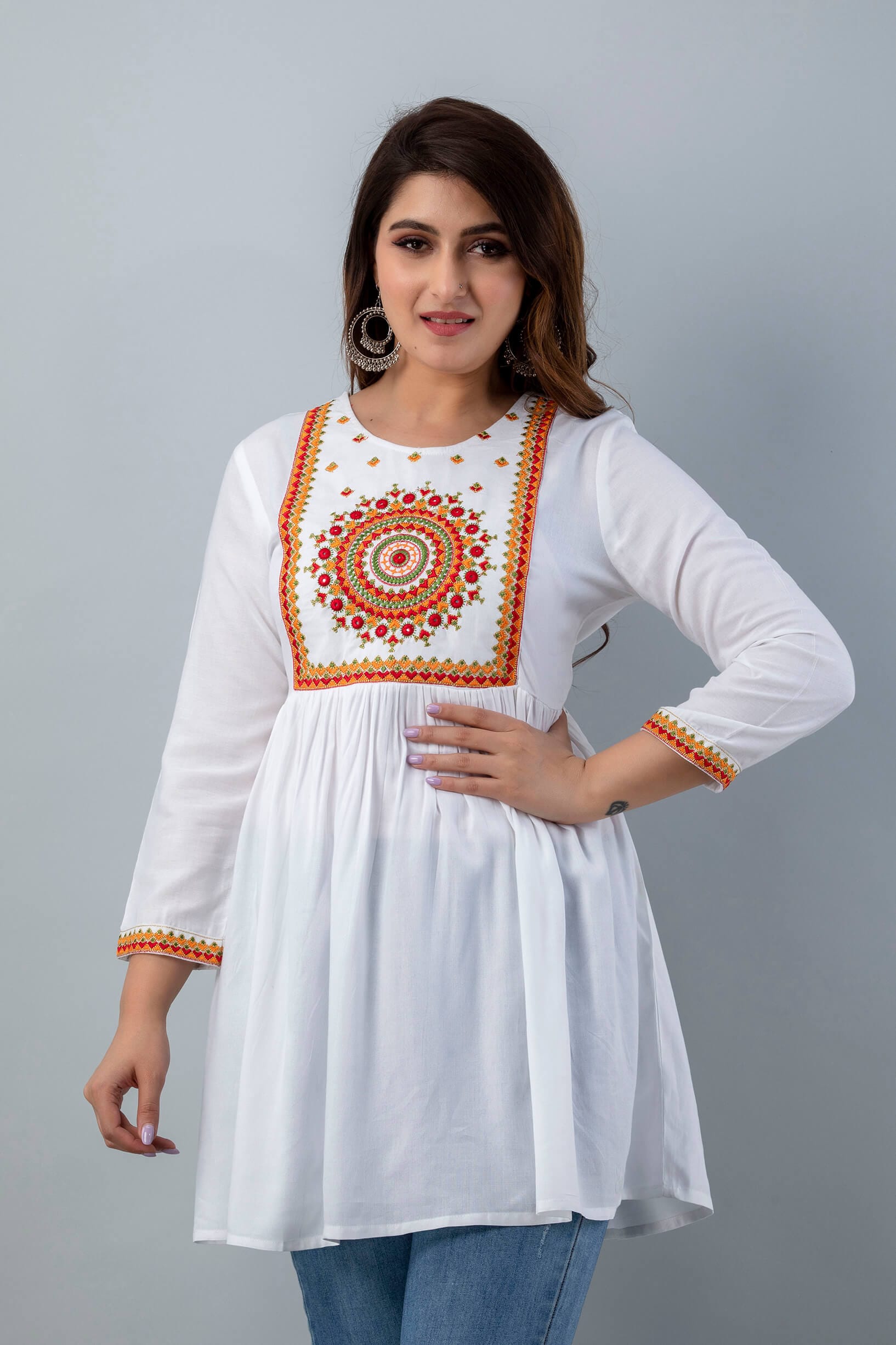 Rangoli White Embroidered Short Top by Vaaki