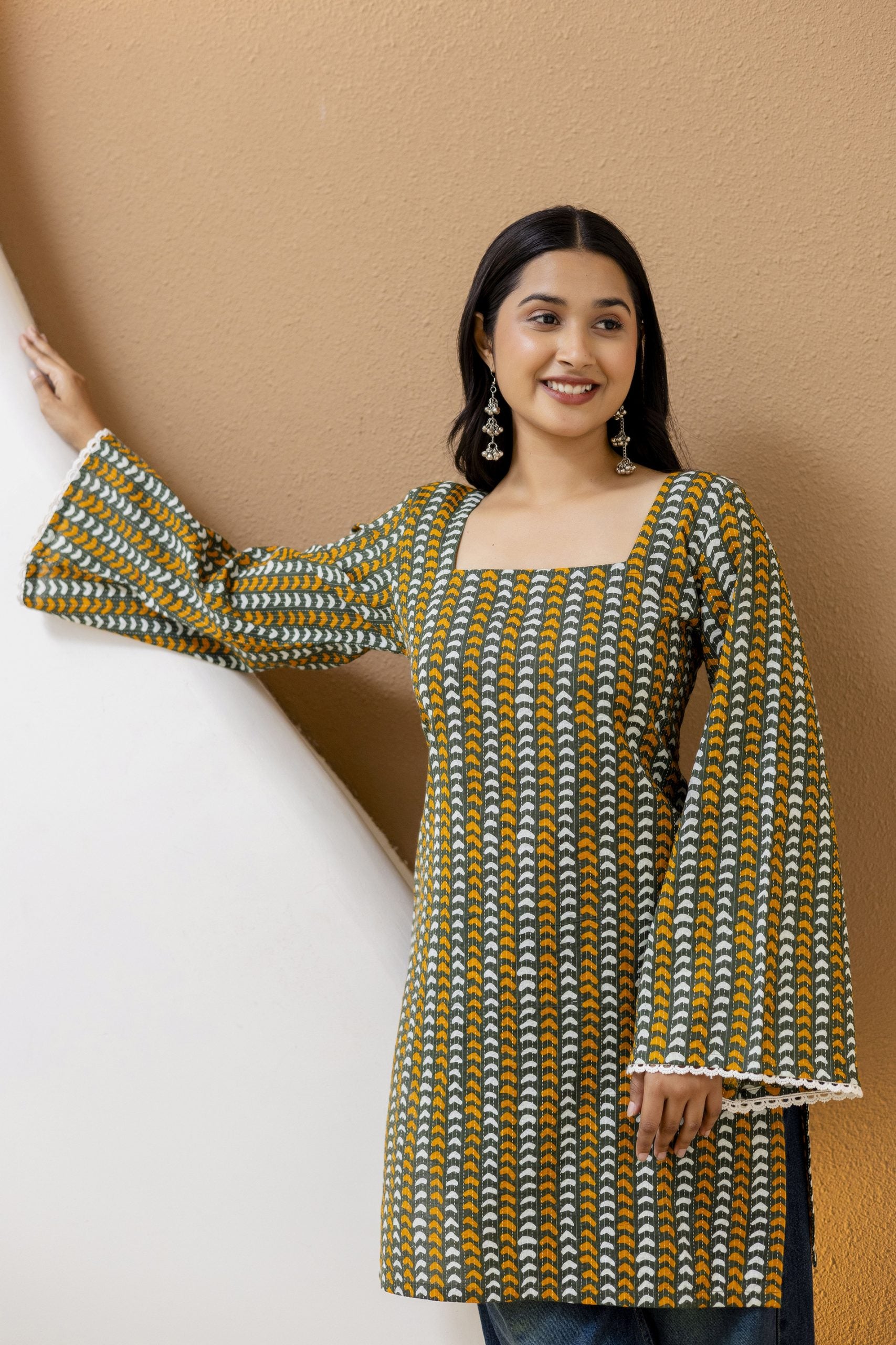 Reva Green Block Printed Cotton Kurti with Pom-Pom Back Detail & Square Neck  by Vaaki