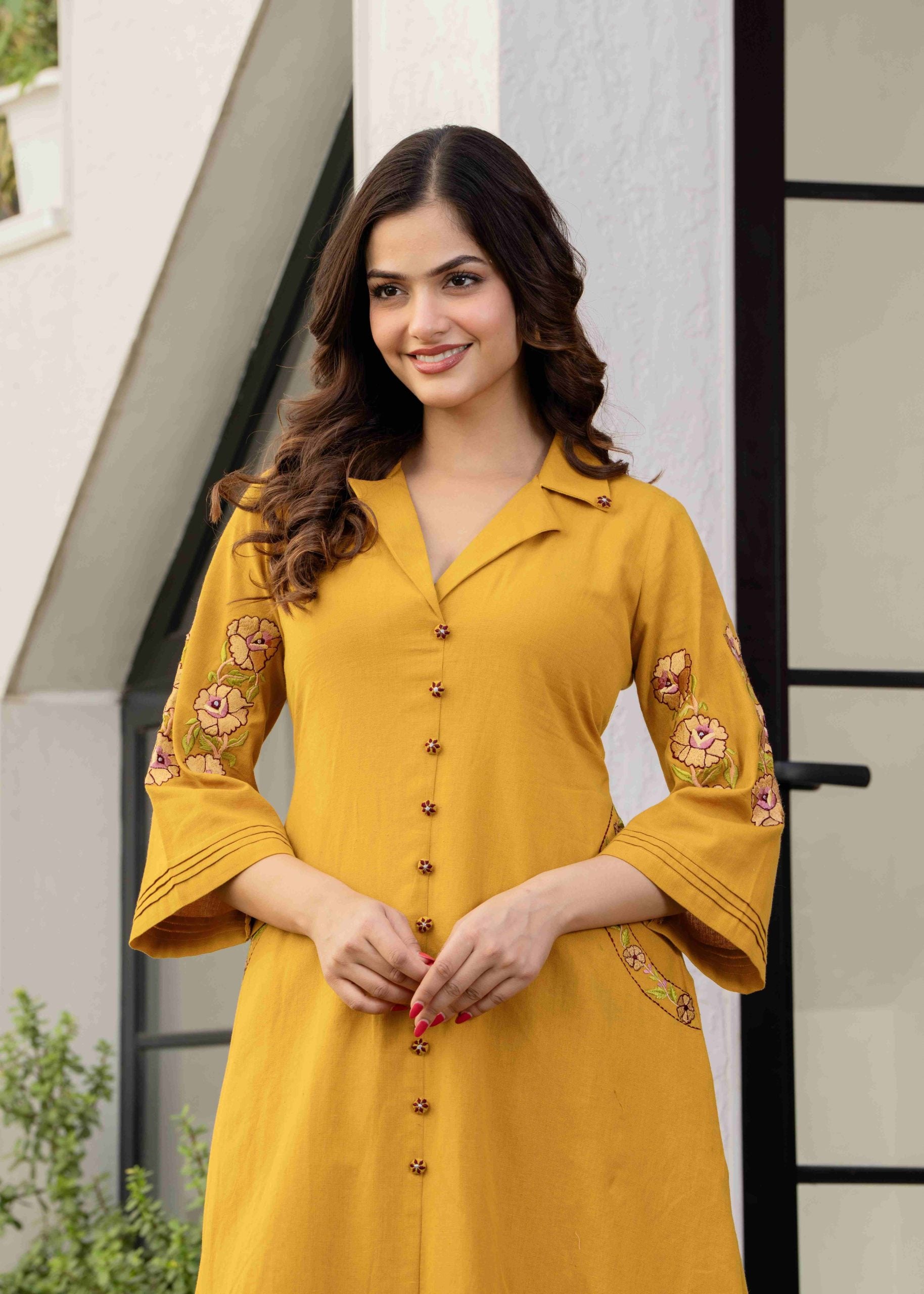 Mustard Hand Embroidered Cotton Co-ord Set Online for Women