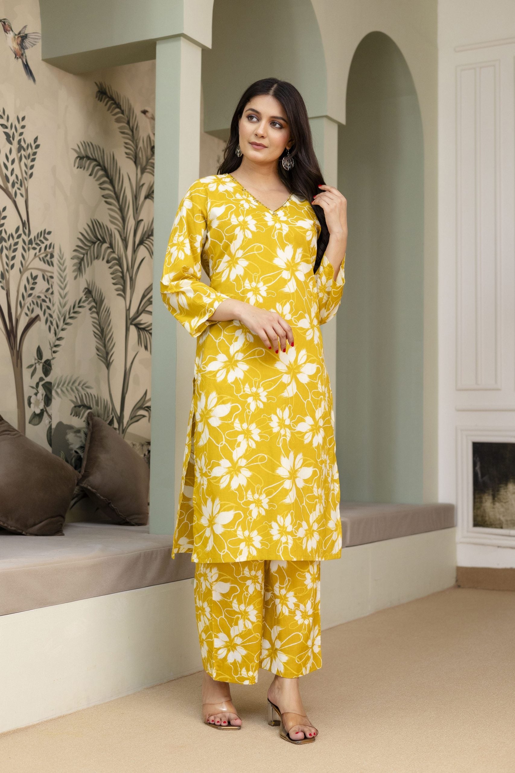 Vrati Yellow Floral Printed Cotton Co-ord Set - View 2
