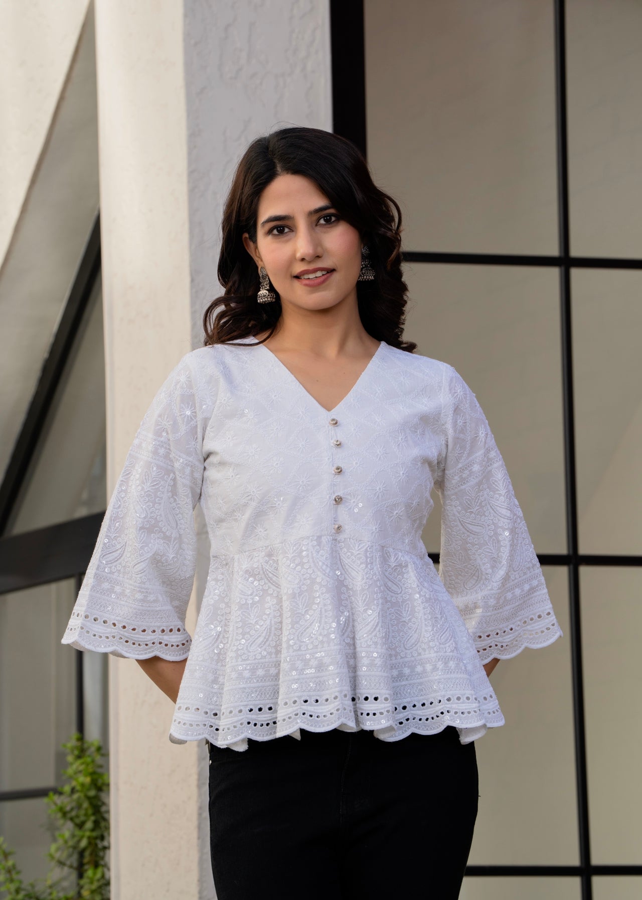 Buy Chitta White Chikankari Peplum Tops For Women